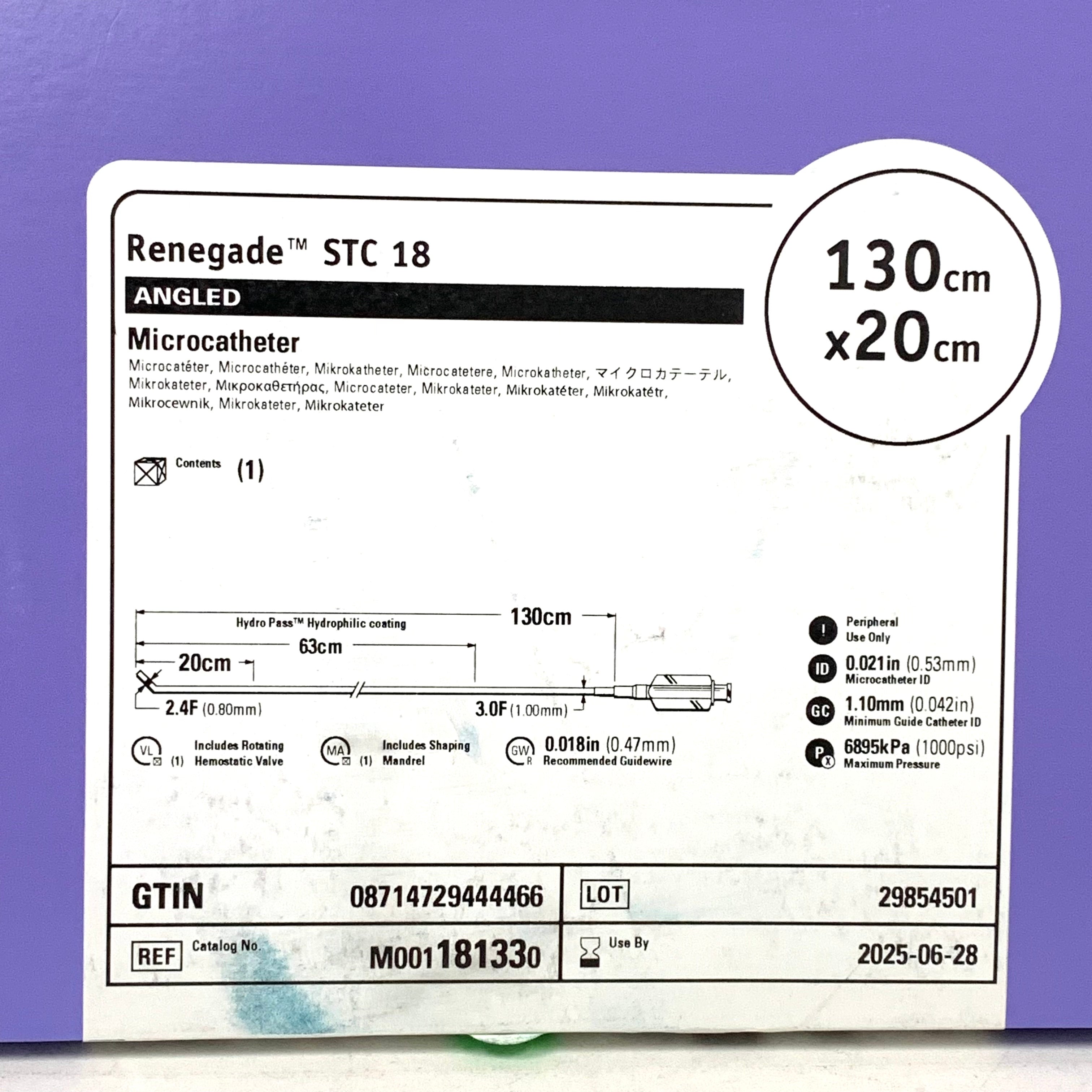 BOSTON SCIENTIFIC REF M001181330 Renegade STC 18 Angled Microcatheter 130cm x 20cm, EXP.2025/06