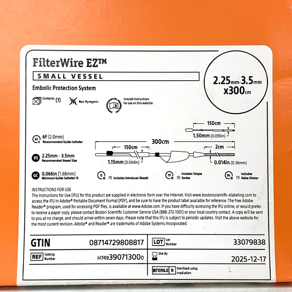 BOSTON SCIENTIFIC REF H749390713000 FilterWire EZ Small Vessel Embolic Protection System 2.25mm-3.5mm x 300cm, EXP.2025/12
