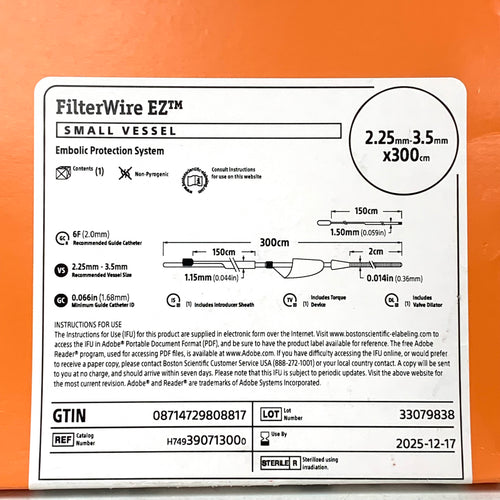 BOSTON SCIENTIFIC REF H749390713000 FilterWire EZ Small Vessel Embolic Protection System 2.25mm-3.5mm x 300cm, EXP.2025/12