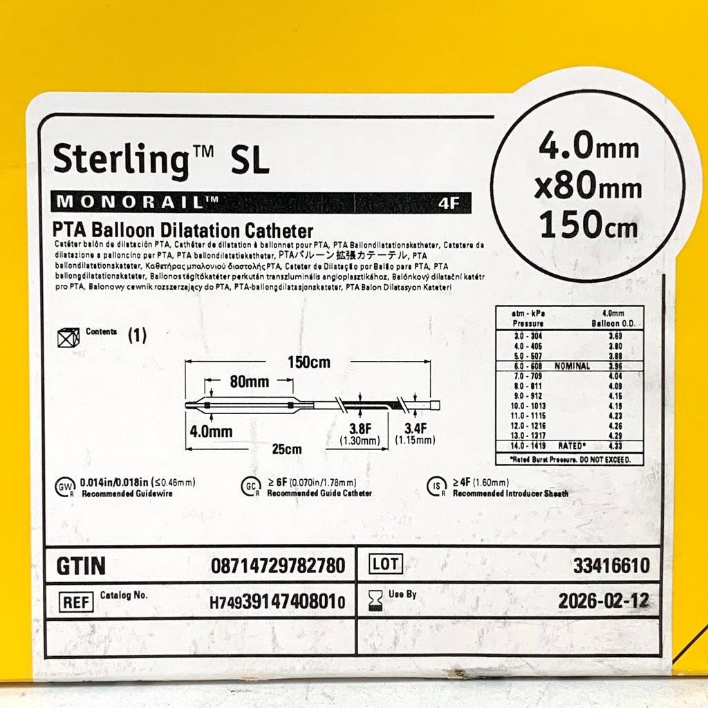 BOSTON SCIENTIFIC REF H74939147408010 Sterling SL Monorail PTA Balloon Dilatation Catheter 4.0mm x 80mm 150cm 4F, EXP.2026/02
