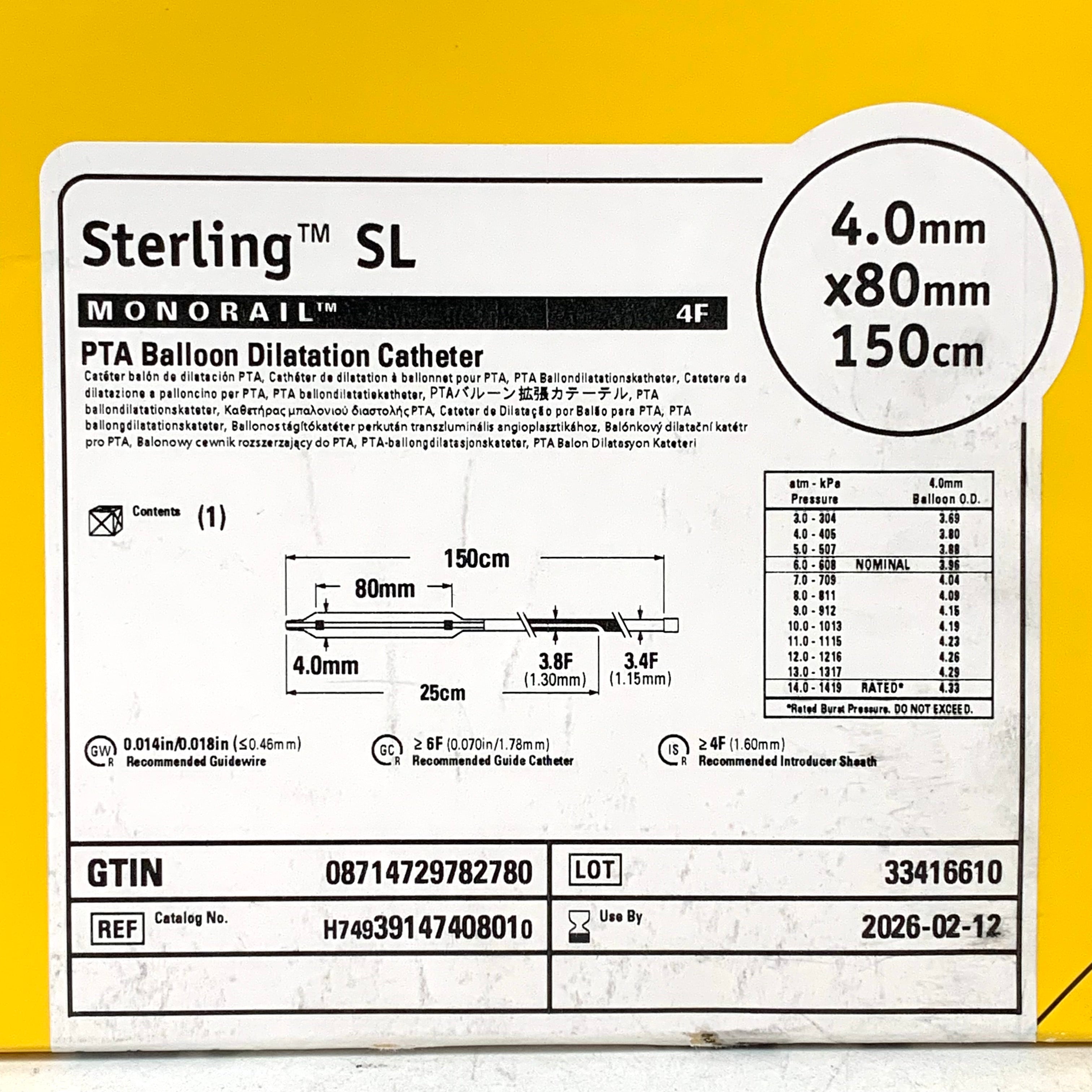 BOSTON SCIENTIFIC REF H74939147408010 Sterling SL Monorail PTA Balloon Dilatation Catheter 4.0mm x 80mm 150cm 4F, EXP.2026/02