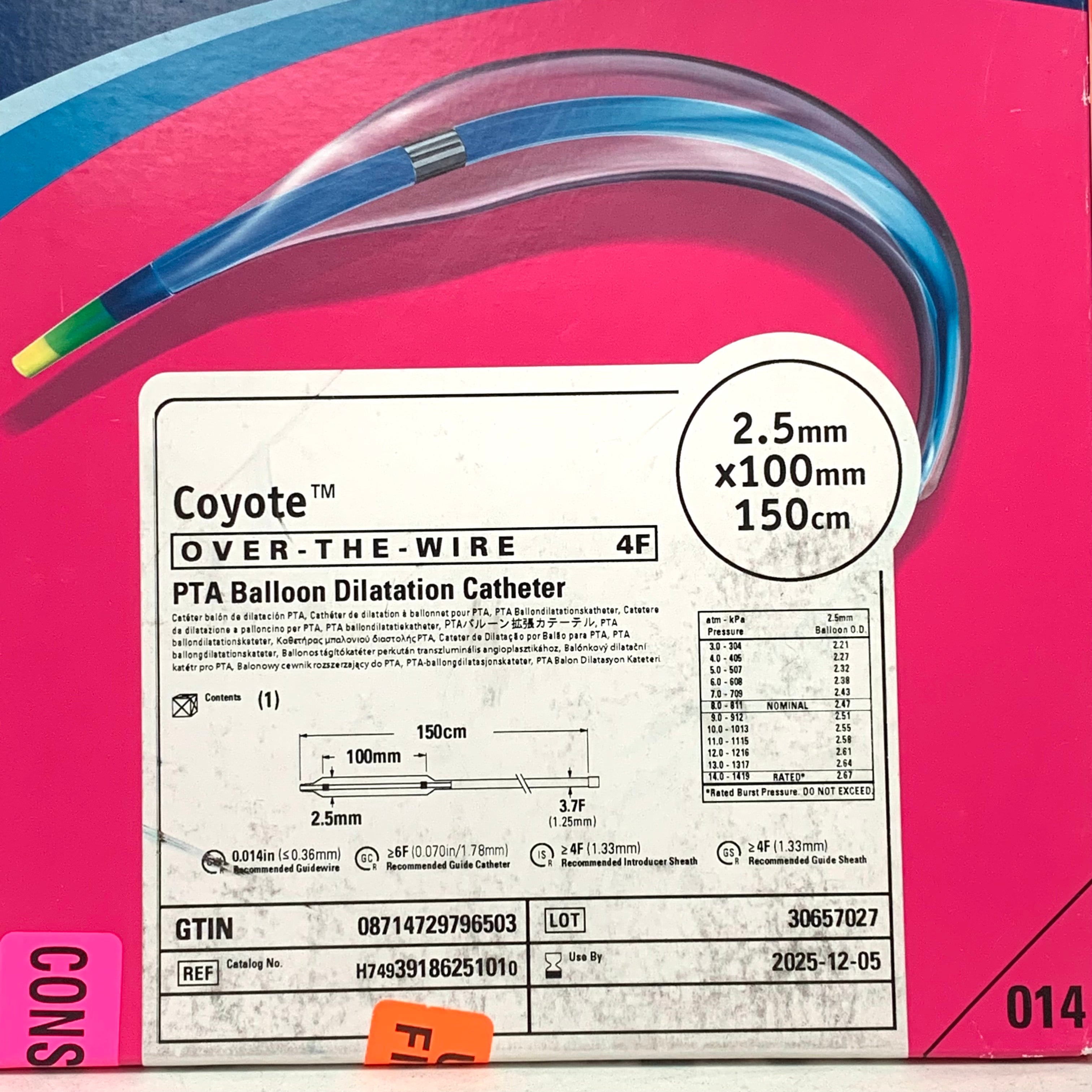 BOSTON SCIENTIFIC REF H74939186251010 Coyote 4F Over-the-Wire PTA Balloon Dilatation Catheter 2.5mm x 100mm 150cm, EXP.2025/12