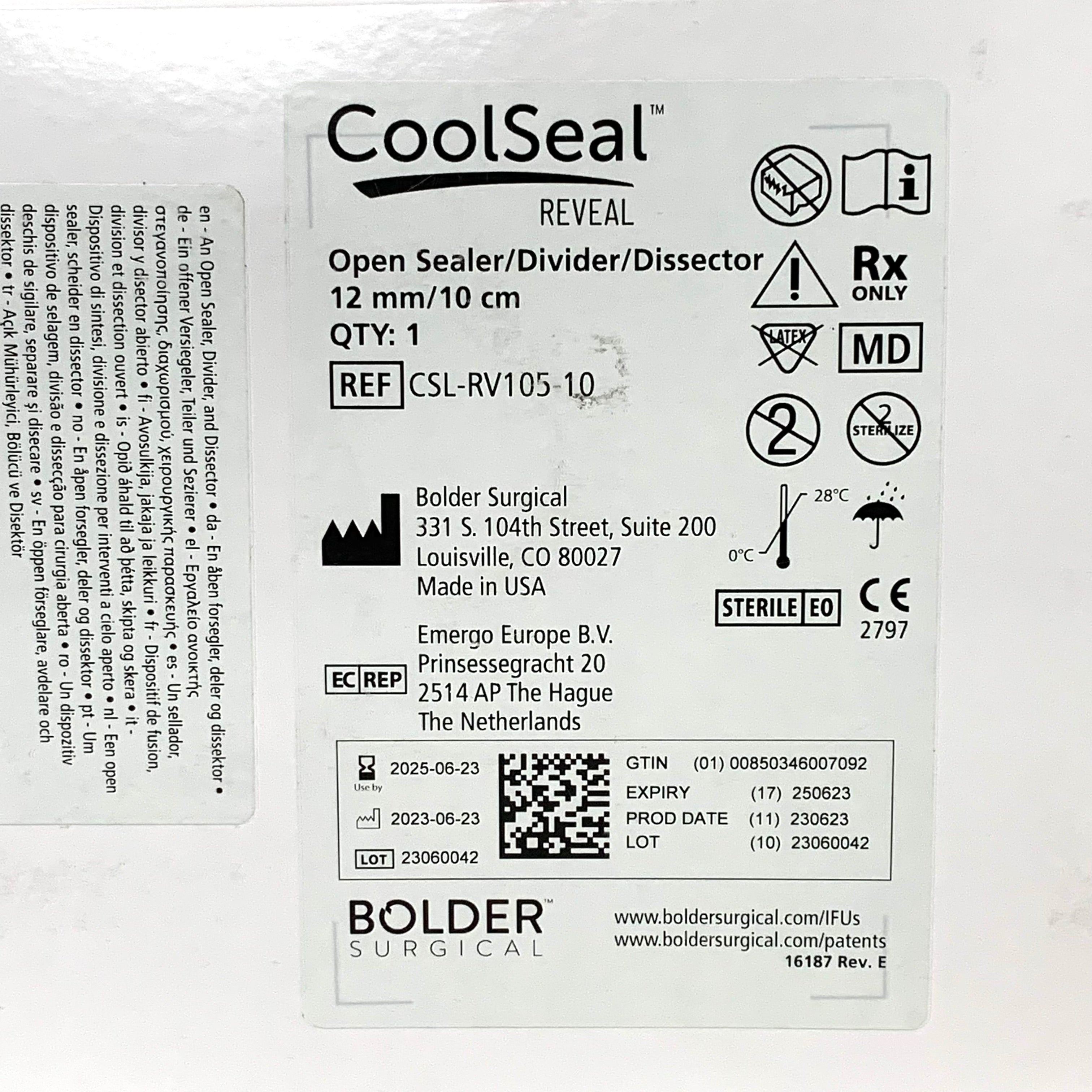 BOLDER SURGICAL REF CSL-RV105-10 CoolSeal Reveal Open Sealer Divider Dissector 12mm 10cm, Exp.2025/06