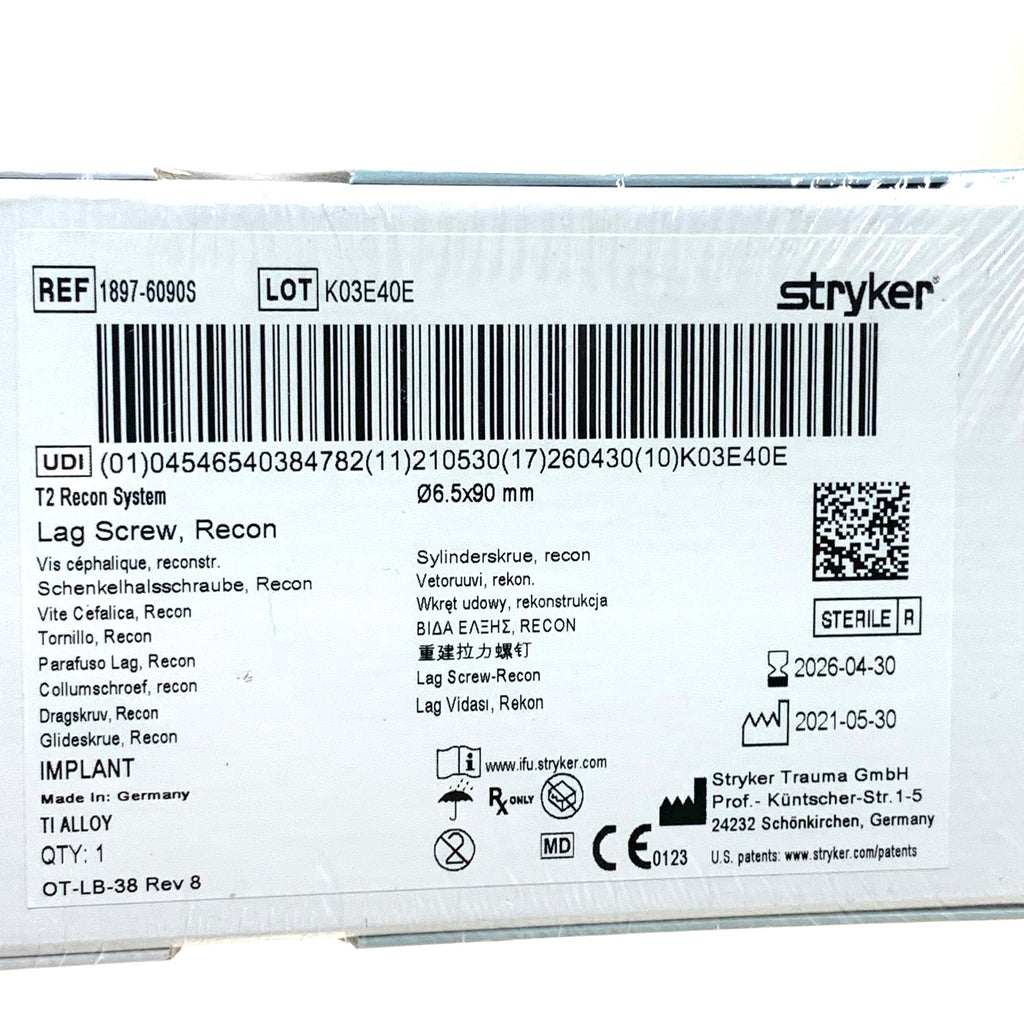 STRYKER REF 1897-6090S T2 Recon System Lag Screw 6.5mm x 90mm Titanium Implant, EXP.2026/04