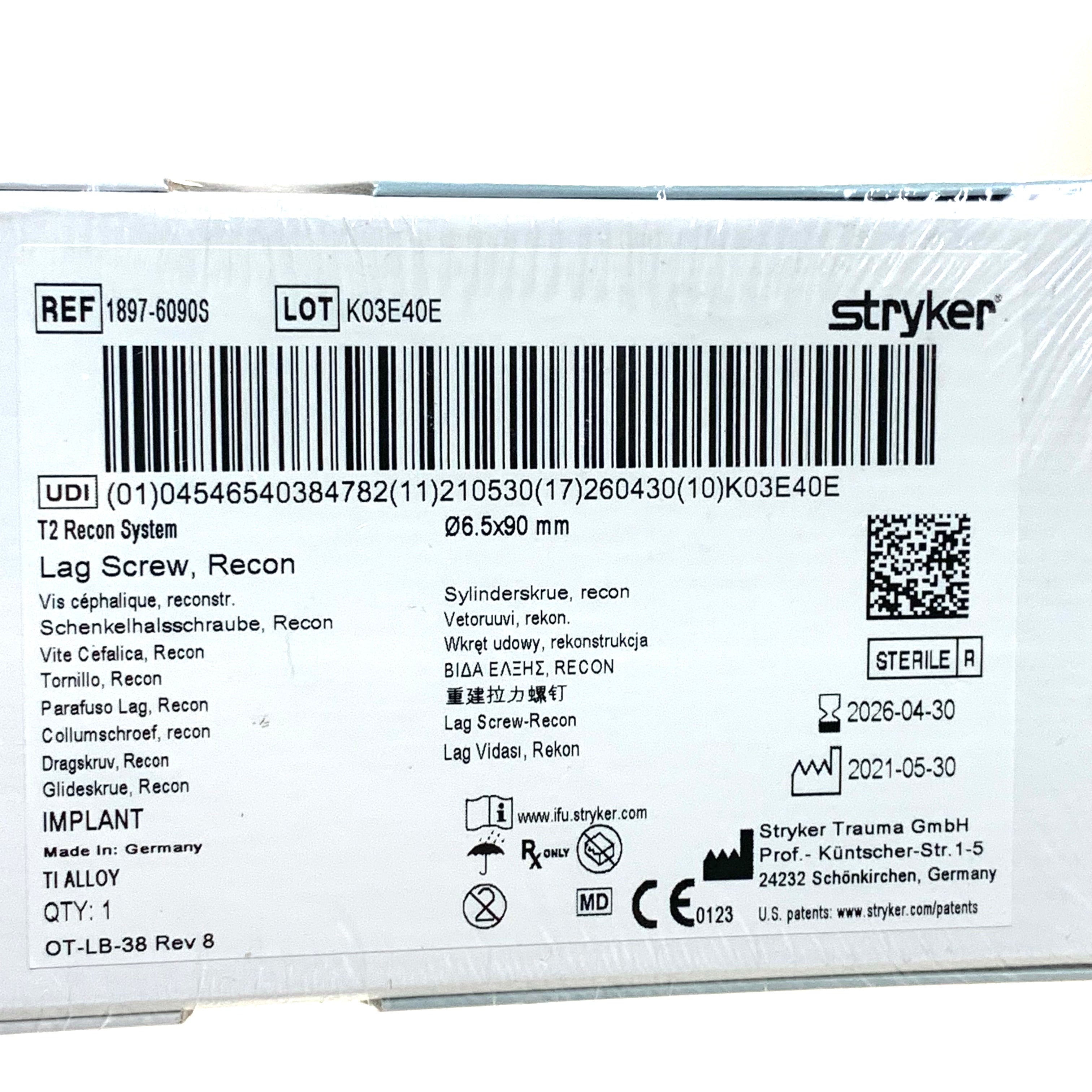 STRYKER REF 1897-6090S T2 Recon System Lag Screw 6.5mm x 90mm Titanium Implant, EXP.2026/04