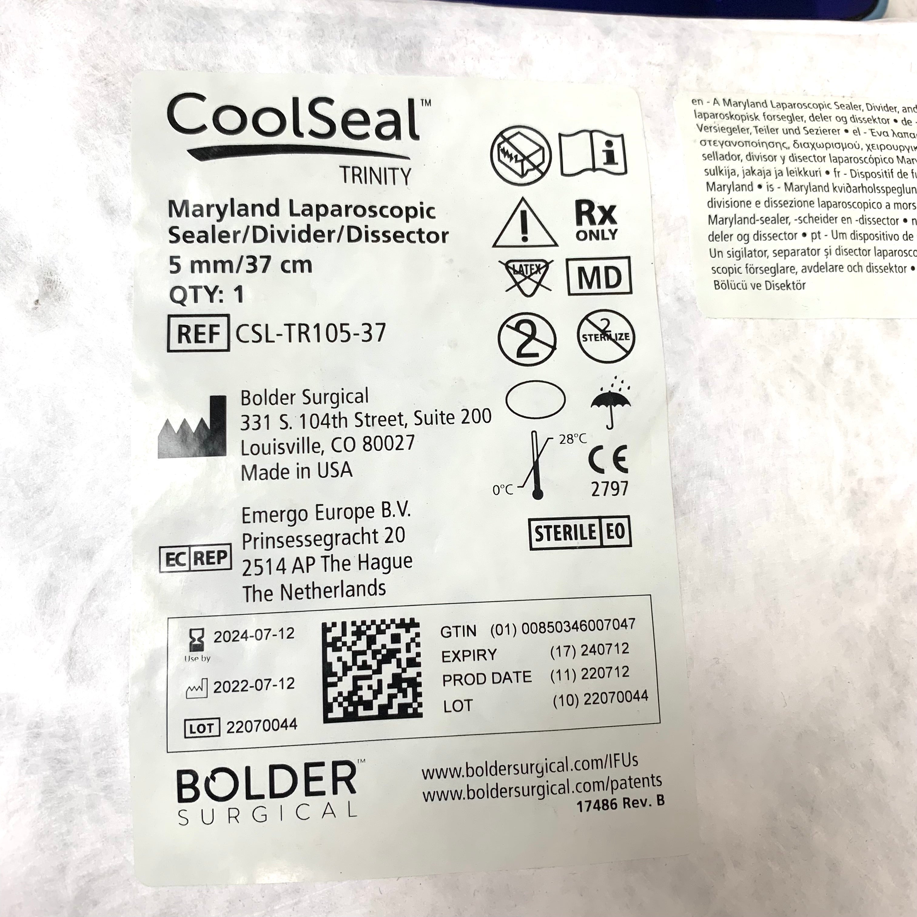 BOLDER SURGICAL REF CSL-TR105-37 CoolSeal Trinity Maryland Laparoscopic Dissector 5mm/37cm, EXP.2024/07