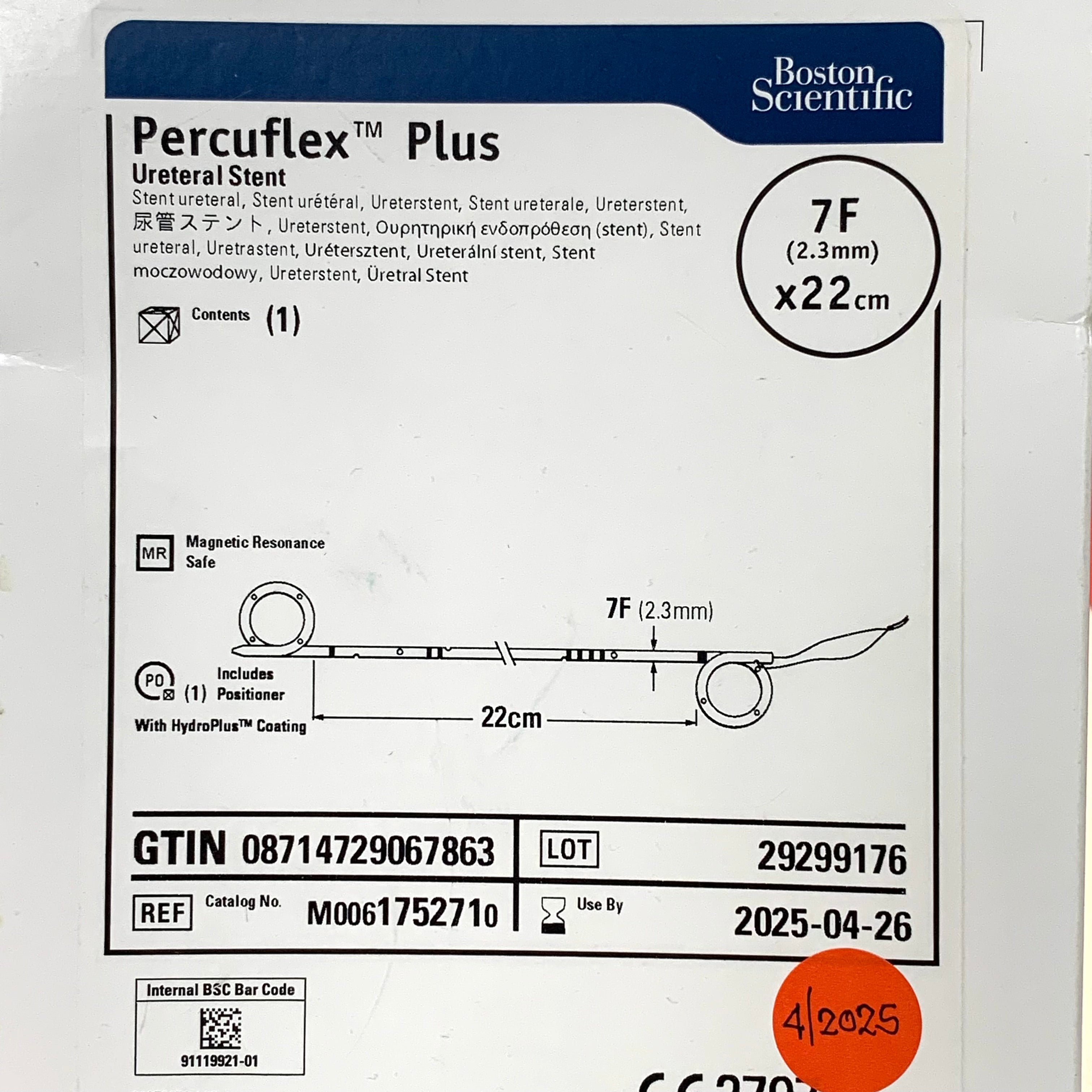 BOSTON SCIENTIFIC REF M0061752710 Percuflex Plus Ureteral Stent 7F x 22cm, EXP.2025/04