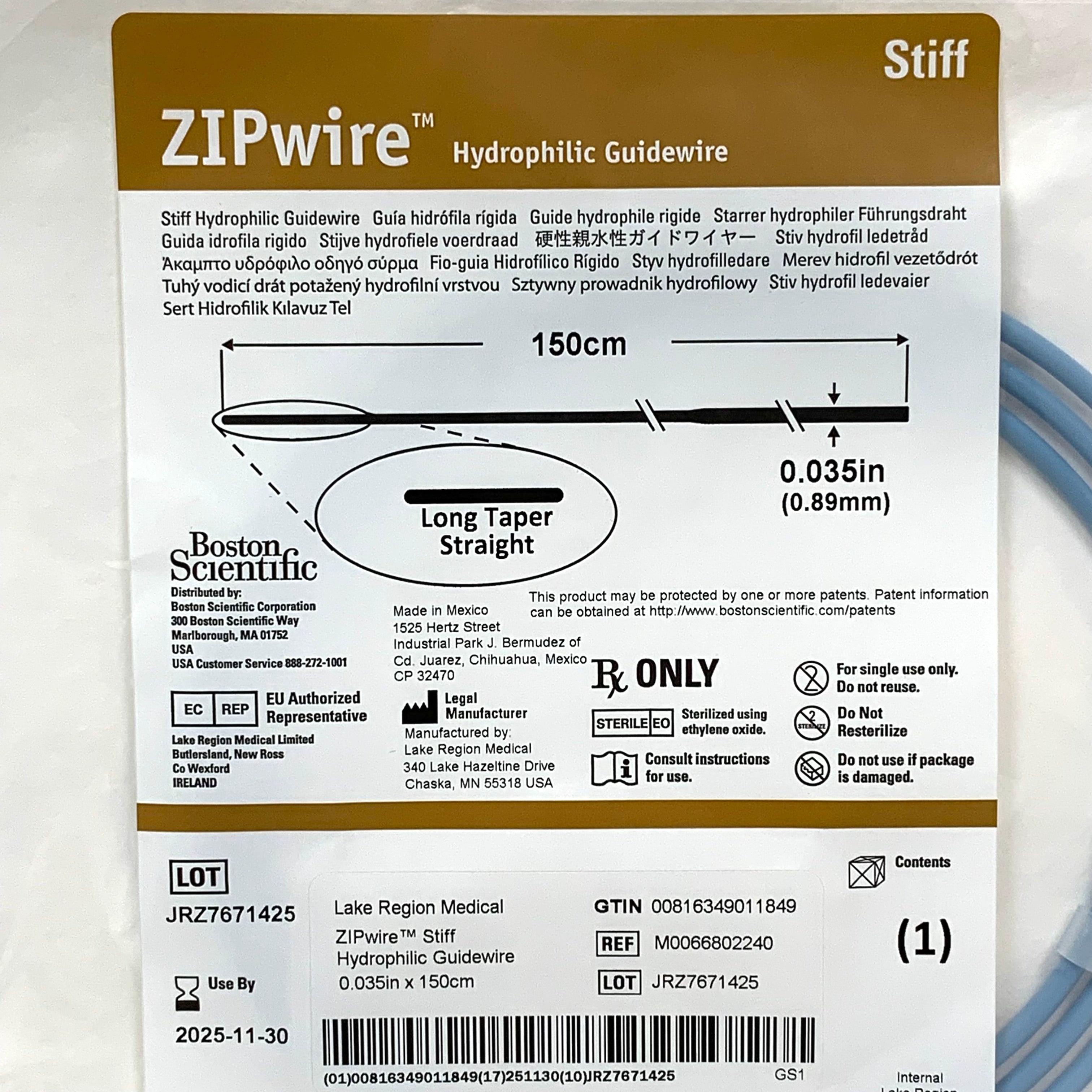 BOSTON SCIENTIFIC REF M0066802240 ZIPwire Stiff Hydrophilic Guidewire 0.035in x 150cm Long Taper Straight, Exp.2025/11