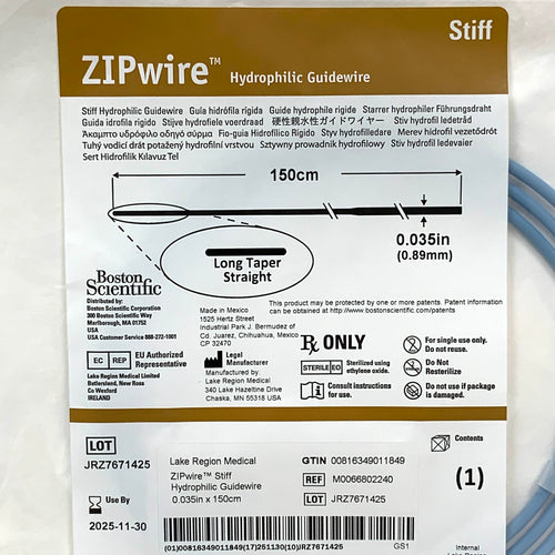 BOSTON SCIENTIFIC REF M0066802240 ZIPwire Stiff Hydrophilic Guidewire 0.035in x 150cm Long Taper Straight, Exp.2025/11