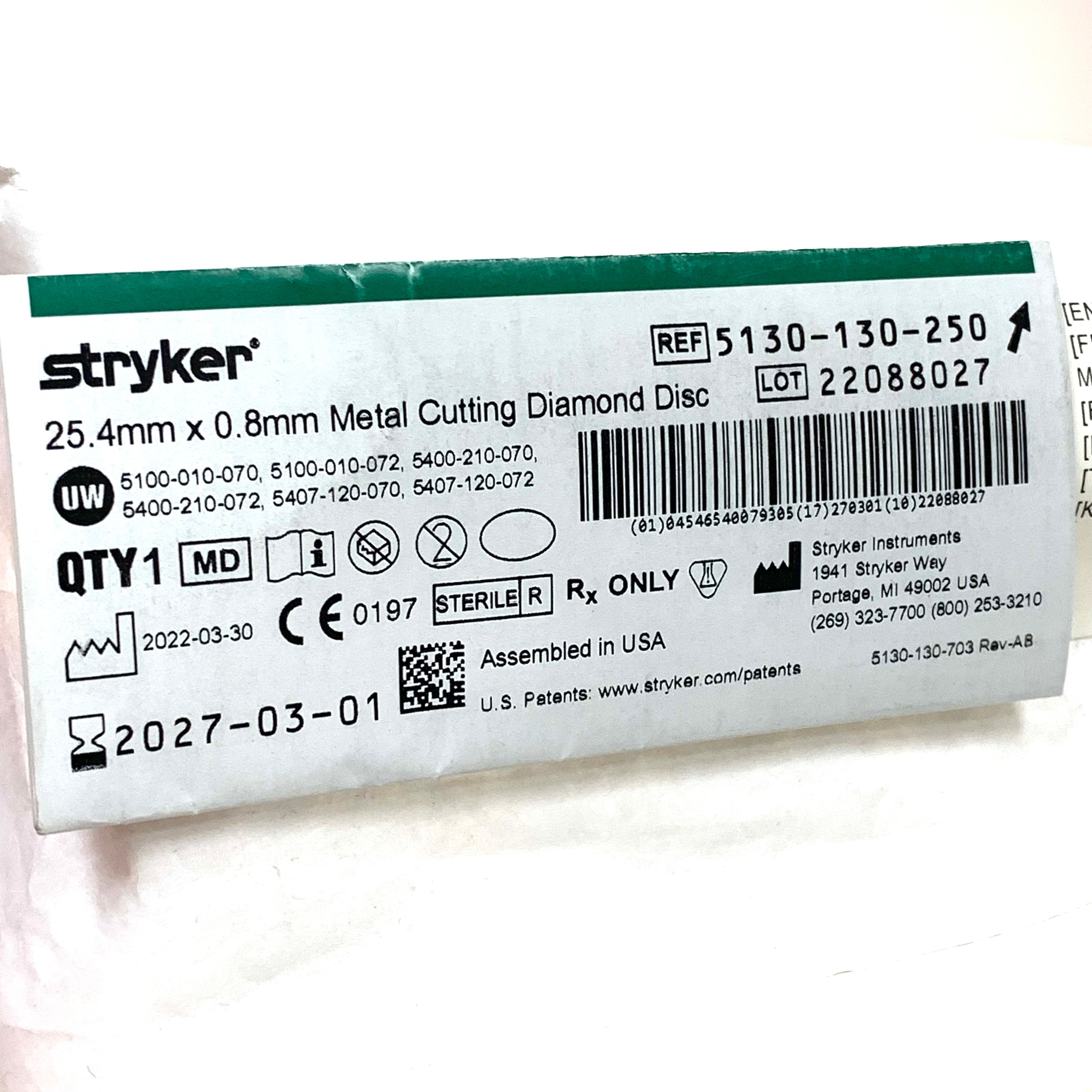 STRYKER REF 5130-130-250 Metal Cutting Diamond Disc 25.4mm x 0.8mm, Exp.2027/03