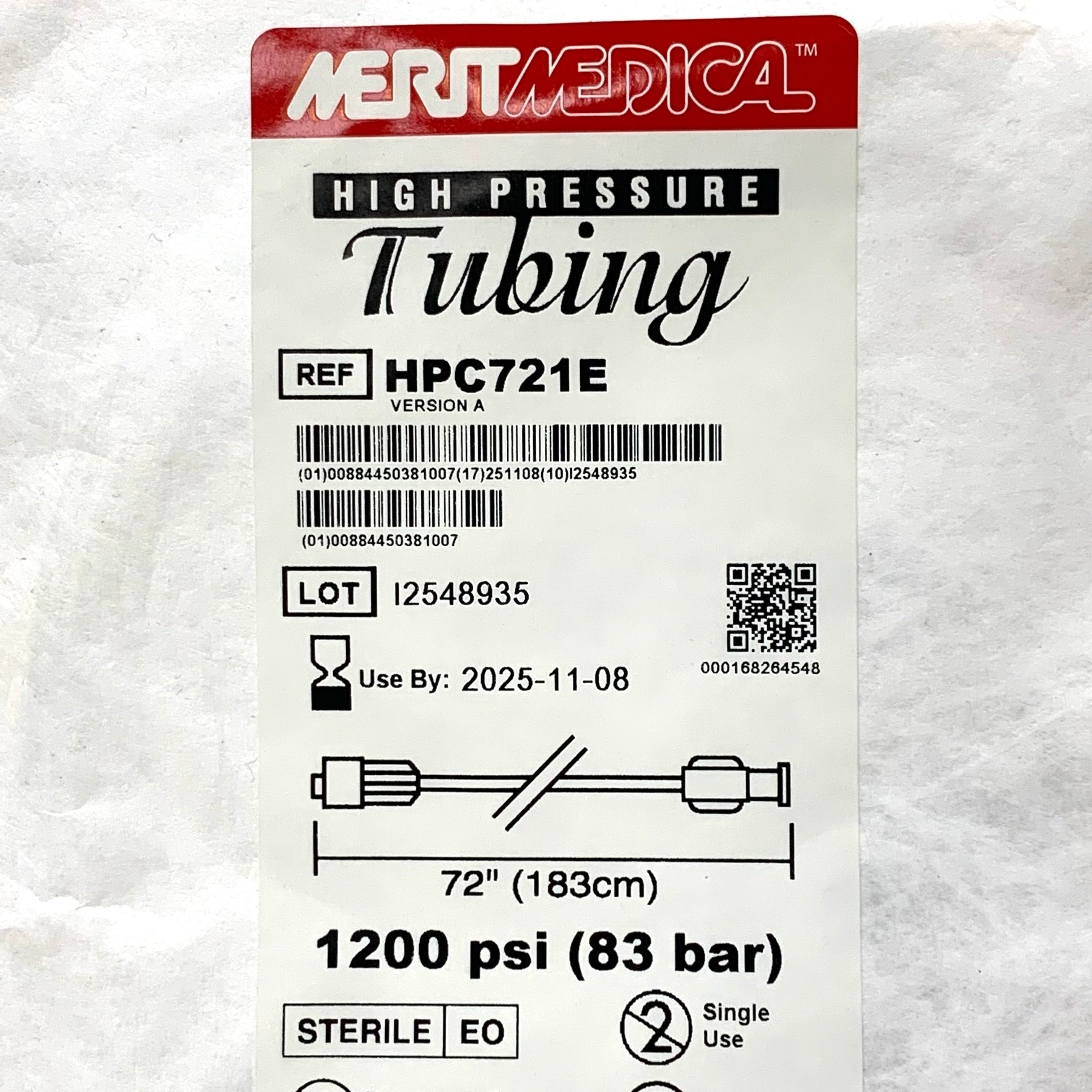 MERIT MEDICAL REF HPC721E High Pressure Tubing 72" 183cm 1200 psi, Exp.2025/11