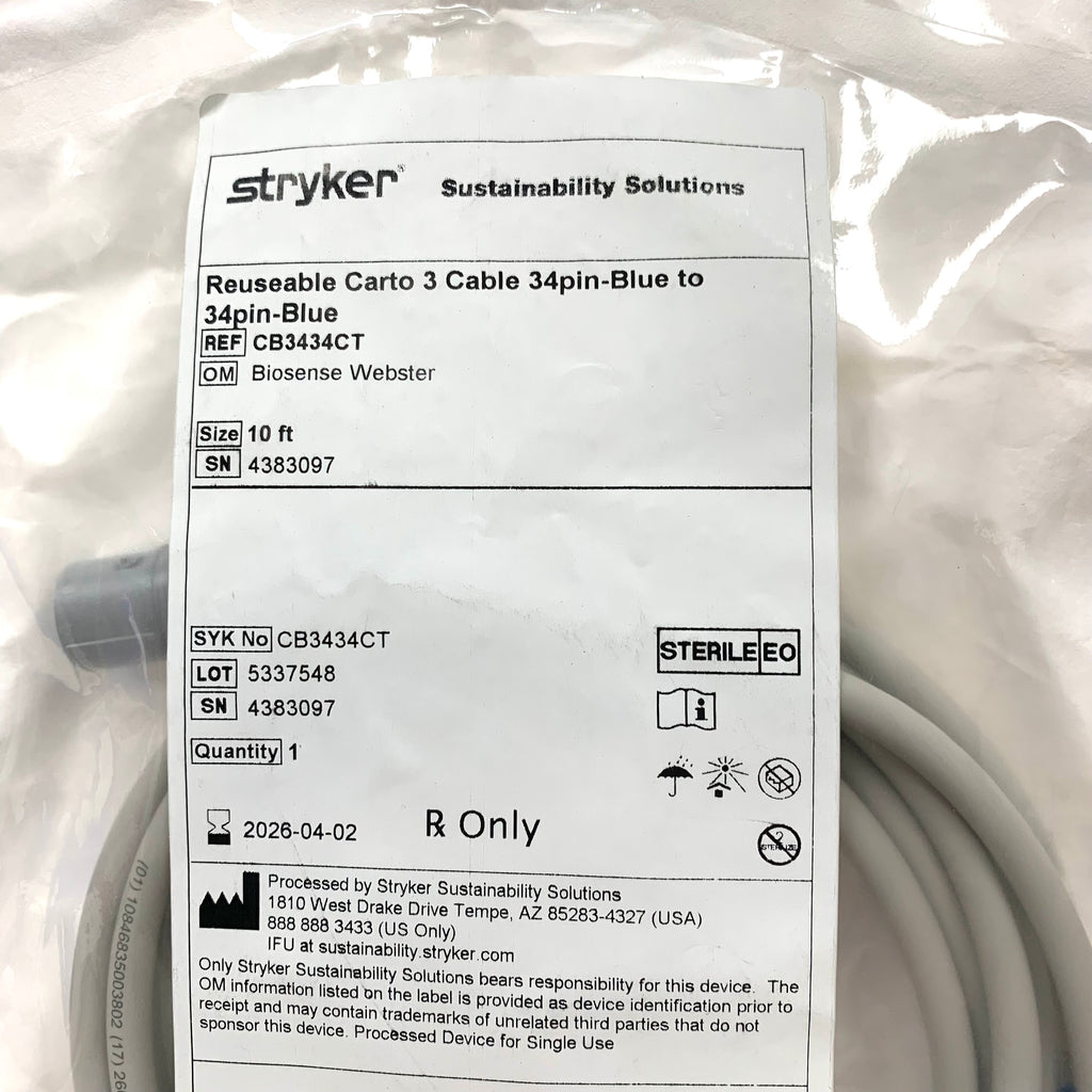 STRYKER REF CB3434CT Reusable Carto 3 Cable 34-Pin Blue to 34-Pin Blue 10ft, EXP.2026/04
