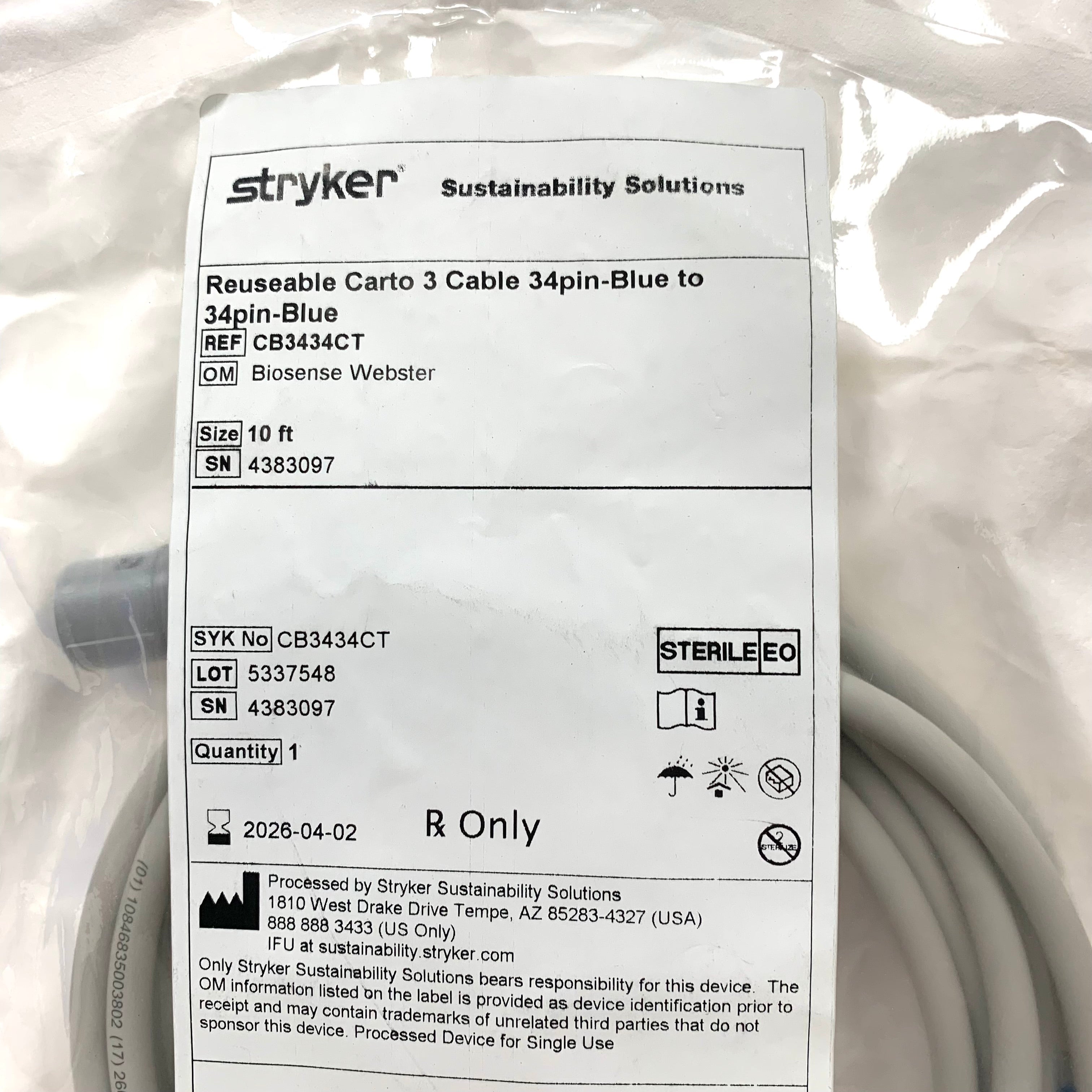STRYKER REF CB3434CT Reusable Carto 3 Cable 34-Pin Blue to 34-Pin Blue 10ft, EXP.2026/04