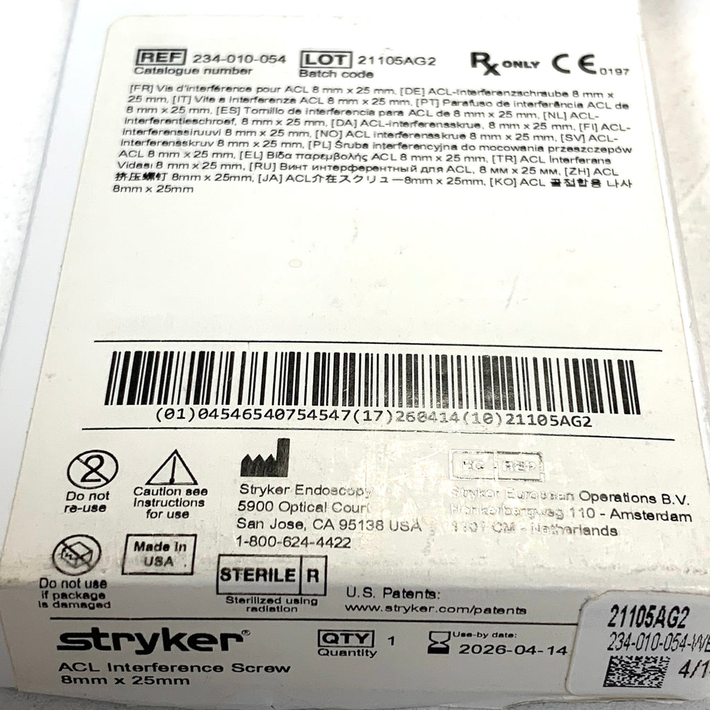 STRYKER REF 234-010-054 ACL Interference Screw 8mm x 25mm, Exp.2026/04