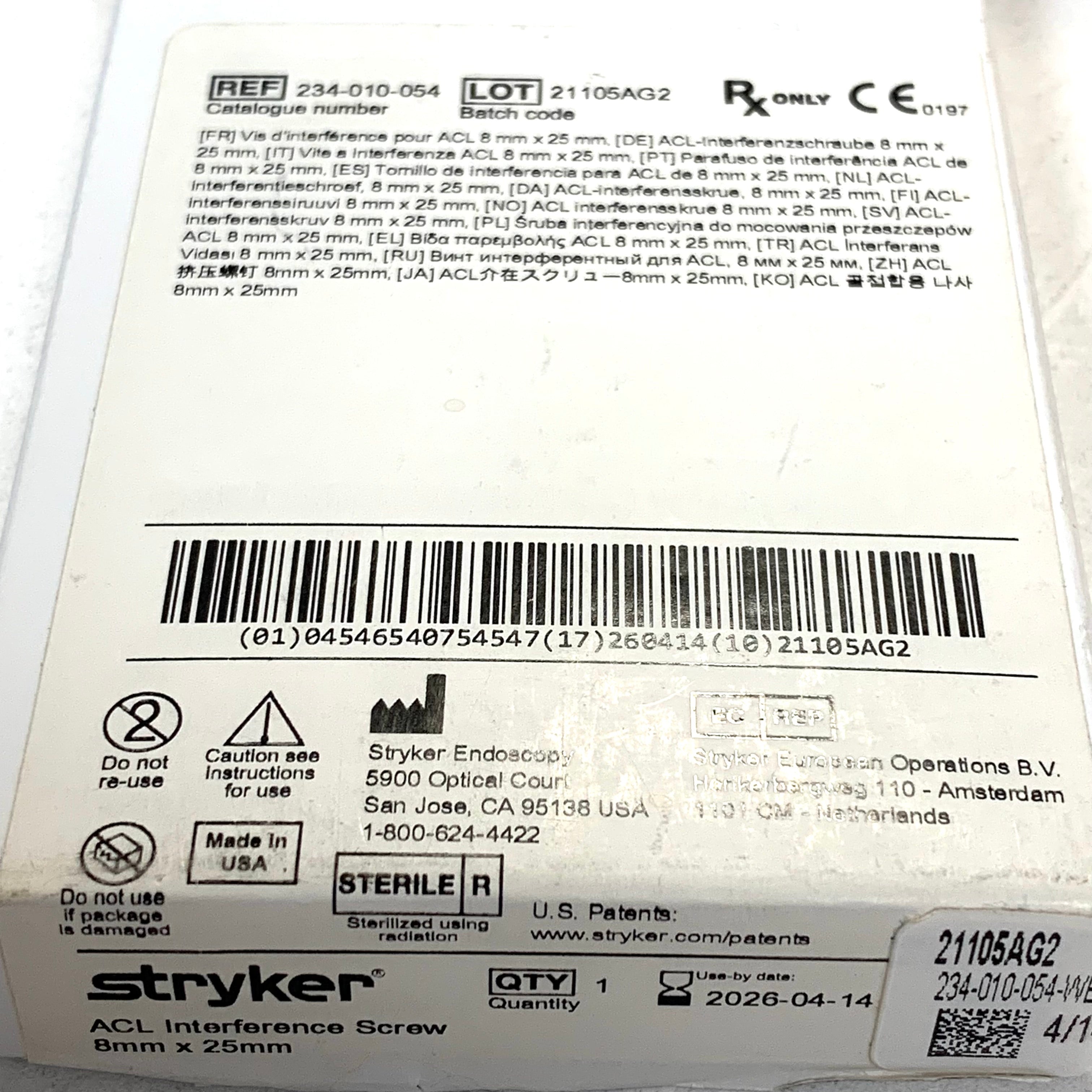 STRYKER REF 234-010-054 ACL Interference Screw 8mm x 25mm, Exp.2026/04
