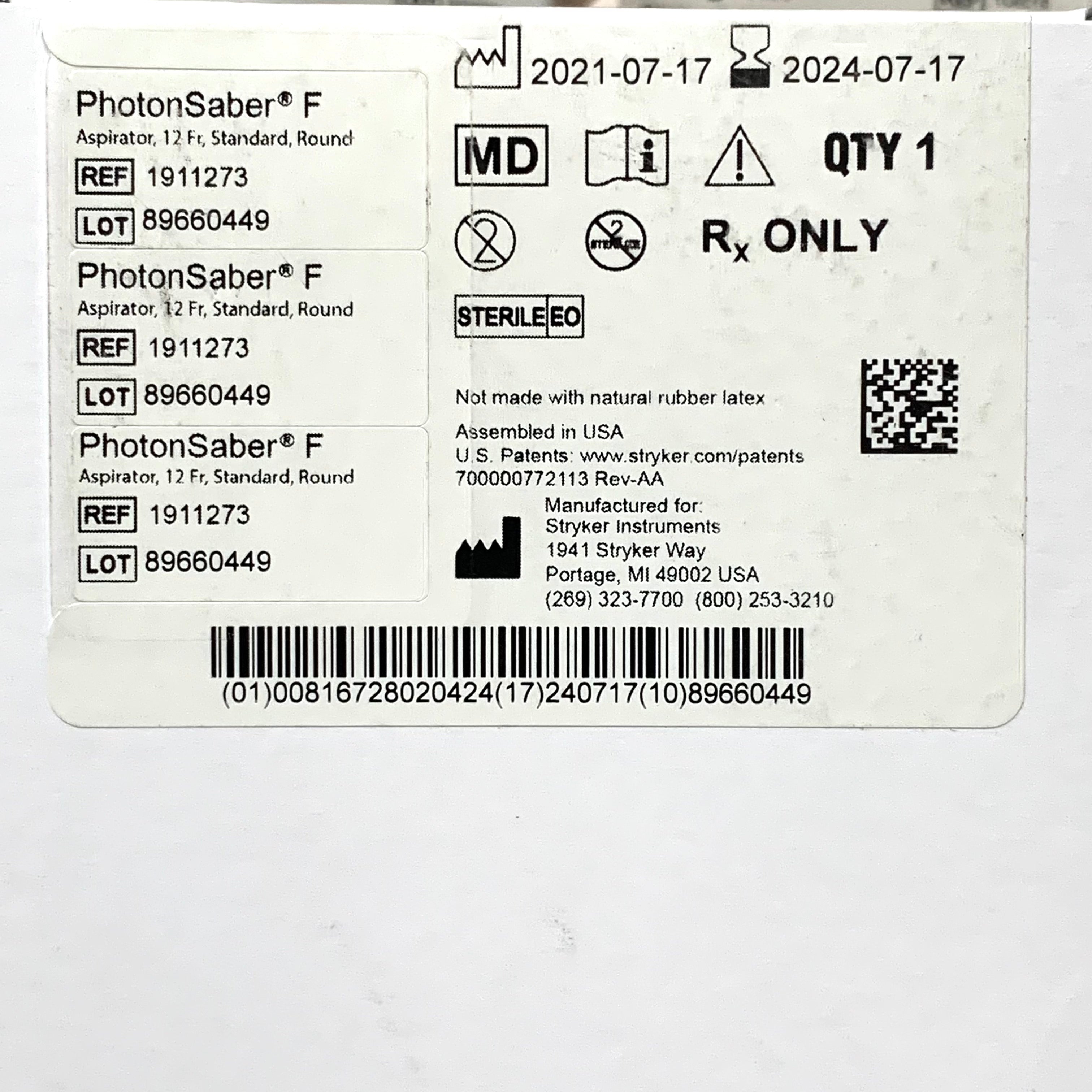 STRYKER REF 1911273 PhotonSaber F Aspirator 12 Fr Standard Round, Exp.2024/07