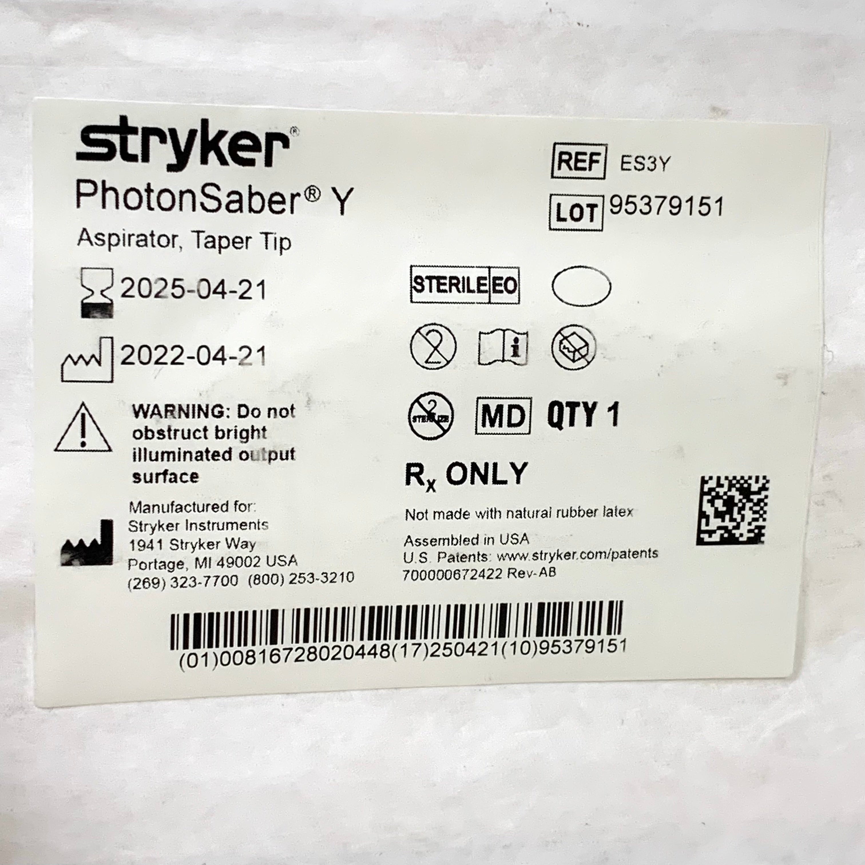 STRYKER REF ES3Y PhotonSaber Y Aspirator Taper Tip, Exp.2025/04