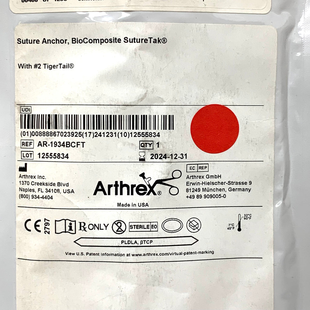ARTHREX REF AR-1934BCFT BioComposite SutureTak Suture Anchor 3 mm x 14.5 mm with #2 TigerTail, Exp.2024/12