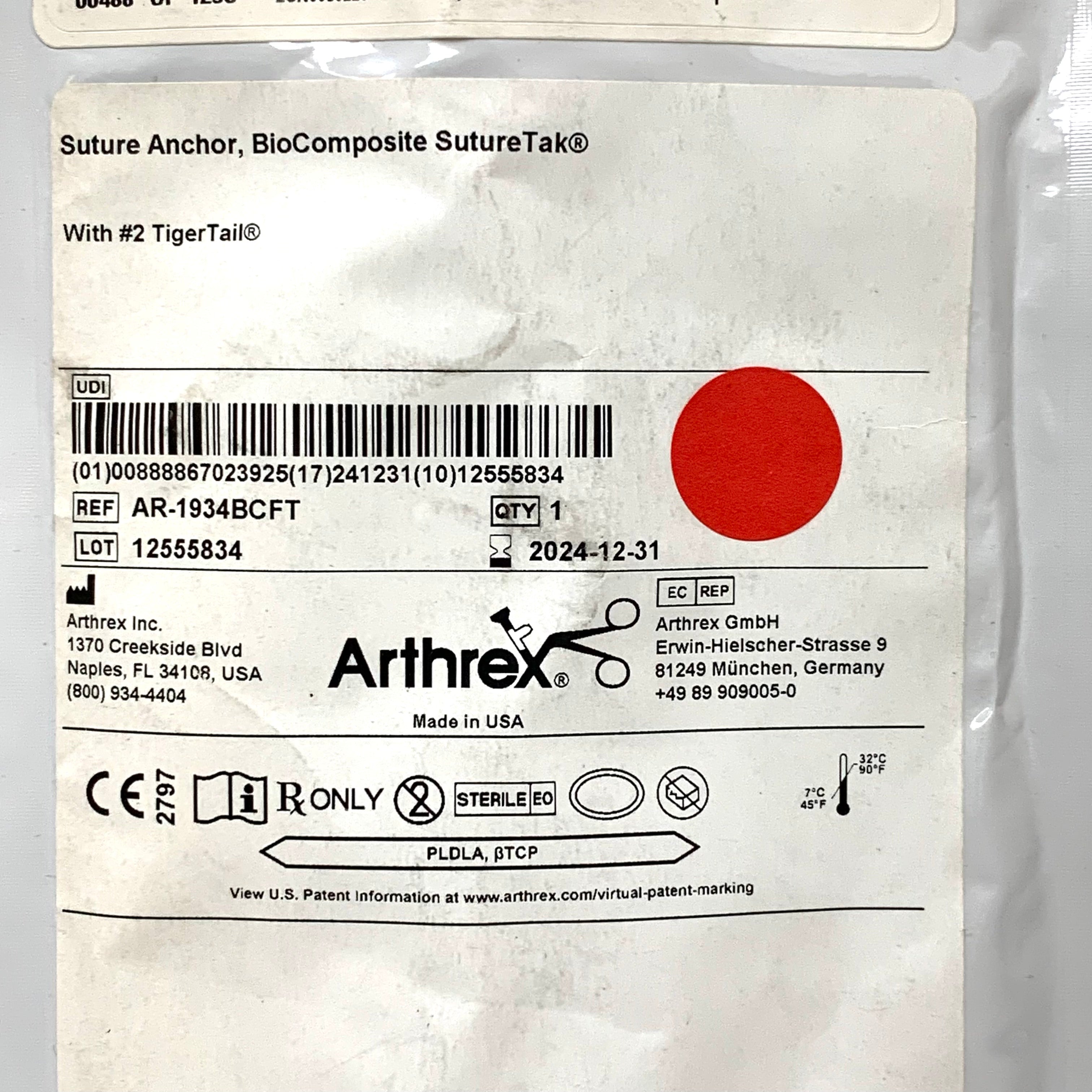 ARTHREX REF AR-1934BCFT BioComposite SutureTak Suture Anchor 3 mm x 14.5 mm with #2 TigerTail, Exp.2024/12
