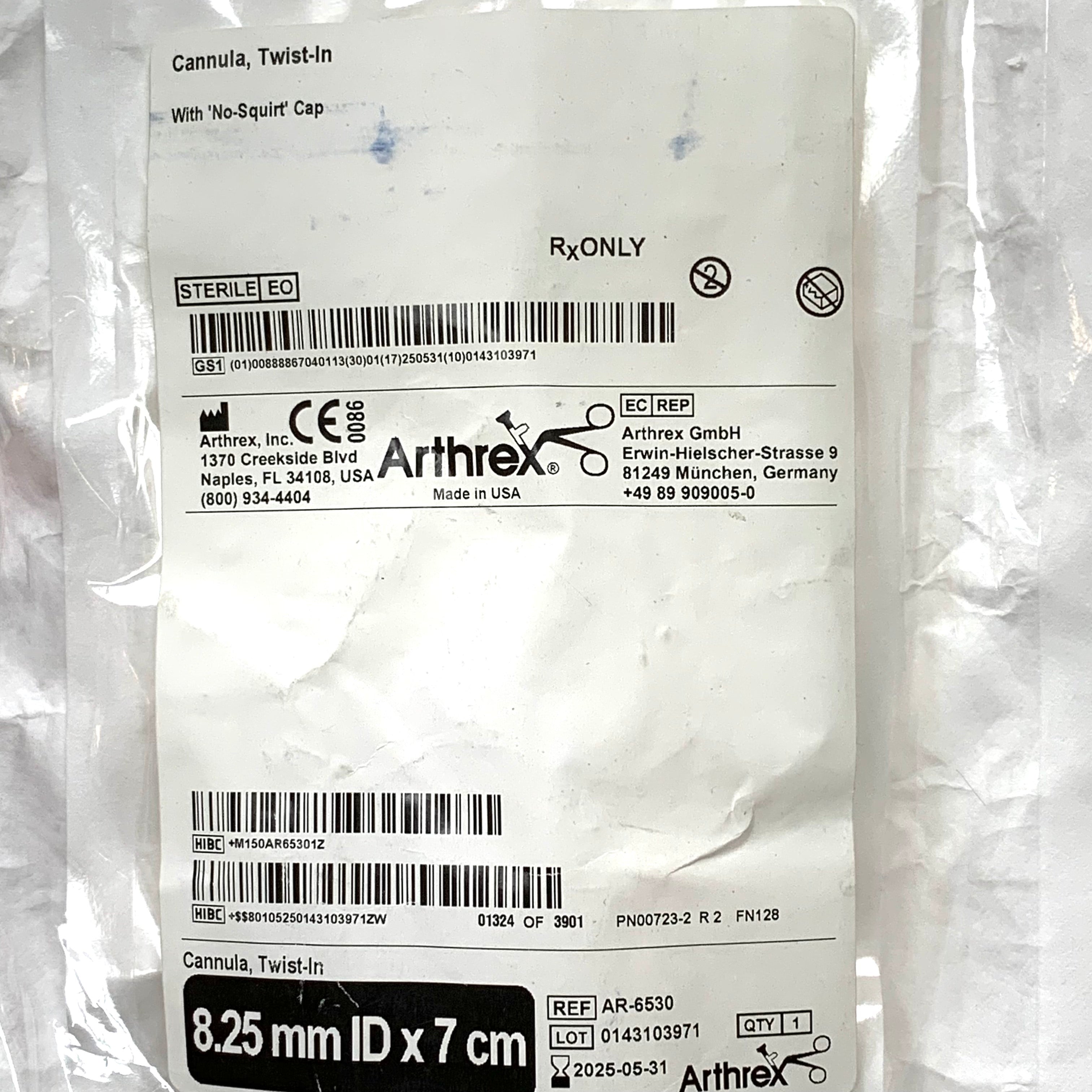 ARTHREX REF AR-6530 Twist-In Cannula 8.25 mm ID x 7 cm with No-Squirt Cap, Exp.2025/05