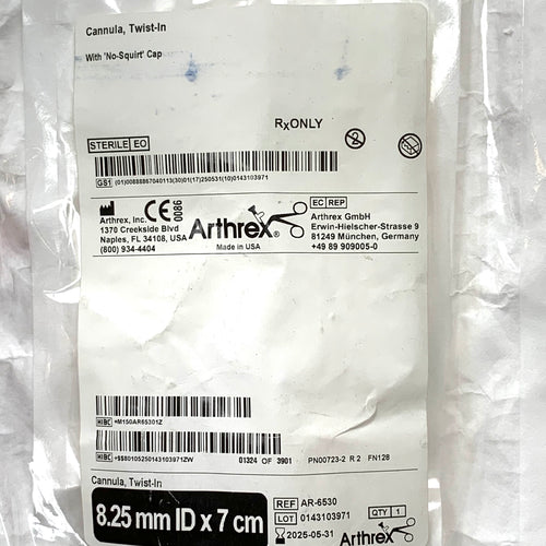 ARTHREX REF AR-6530 Twist-In Cannula 8.25 mm ID x 7 cm with No-Squirt Cap, Exp.2025/05