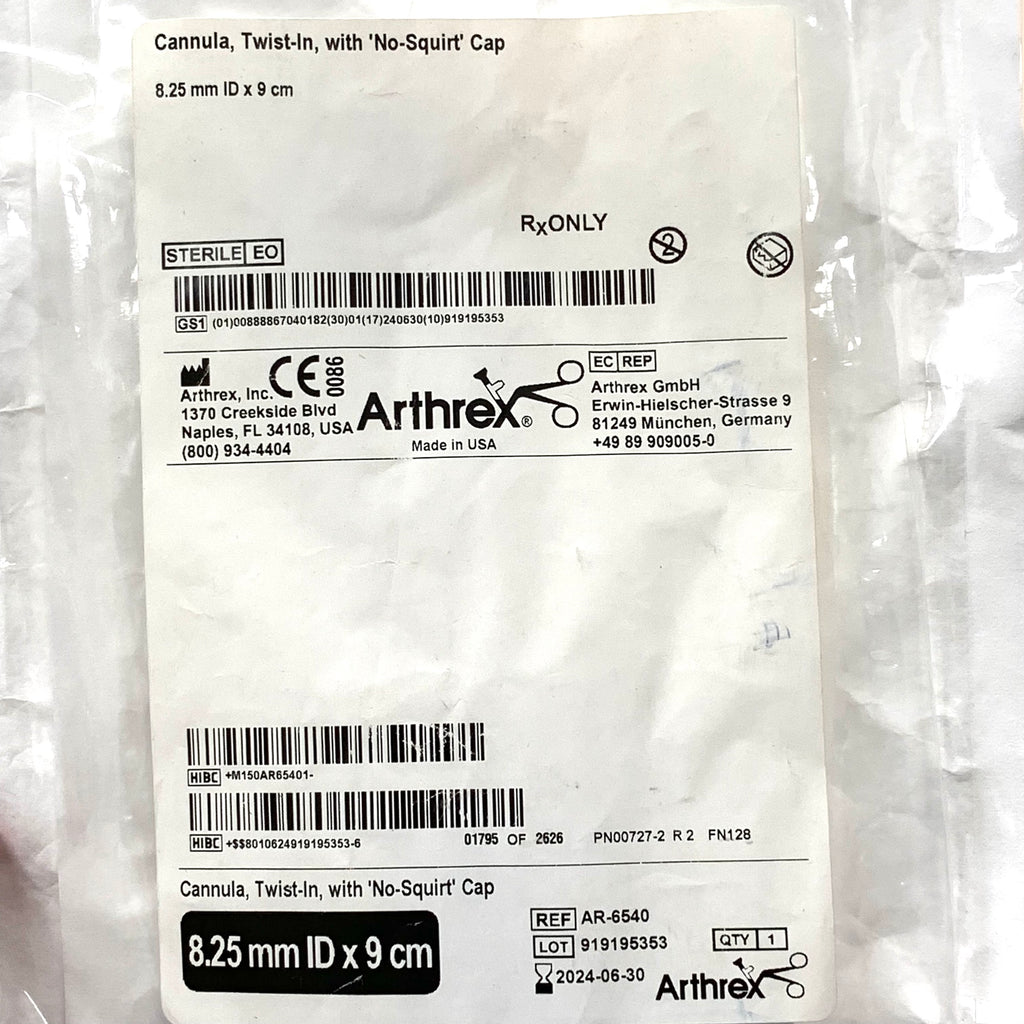 ARTHREX REF AR-6540 Twist-In Cannula with No-Squirt Cap 8.25 mm ID x 9 cm, Exp.2024/06