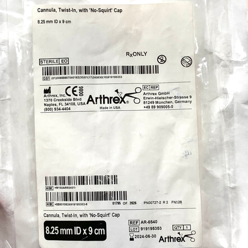 ARTHREX REF AR-6540 Twist-In Cannula with No-Squirt Cap 8.25 mm ID x 9 cm, Exp.2024/06