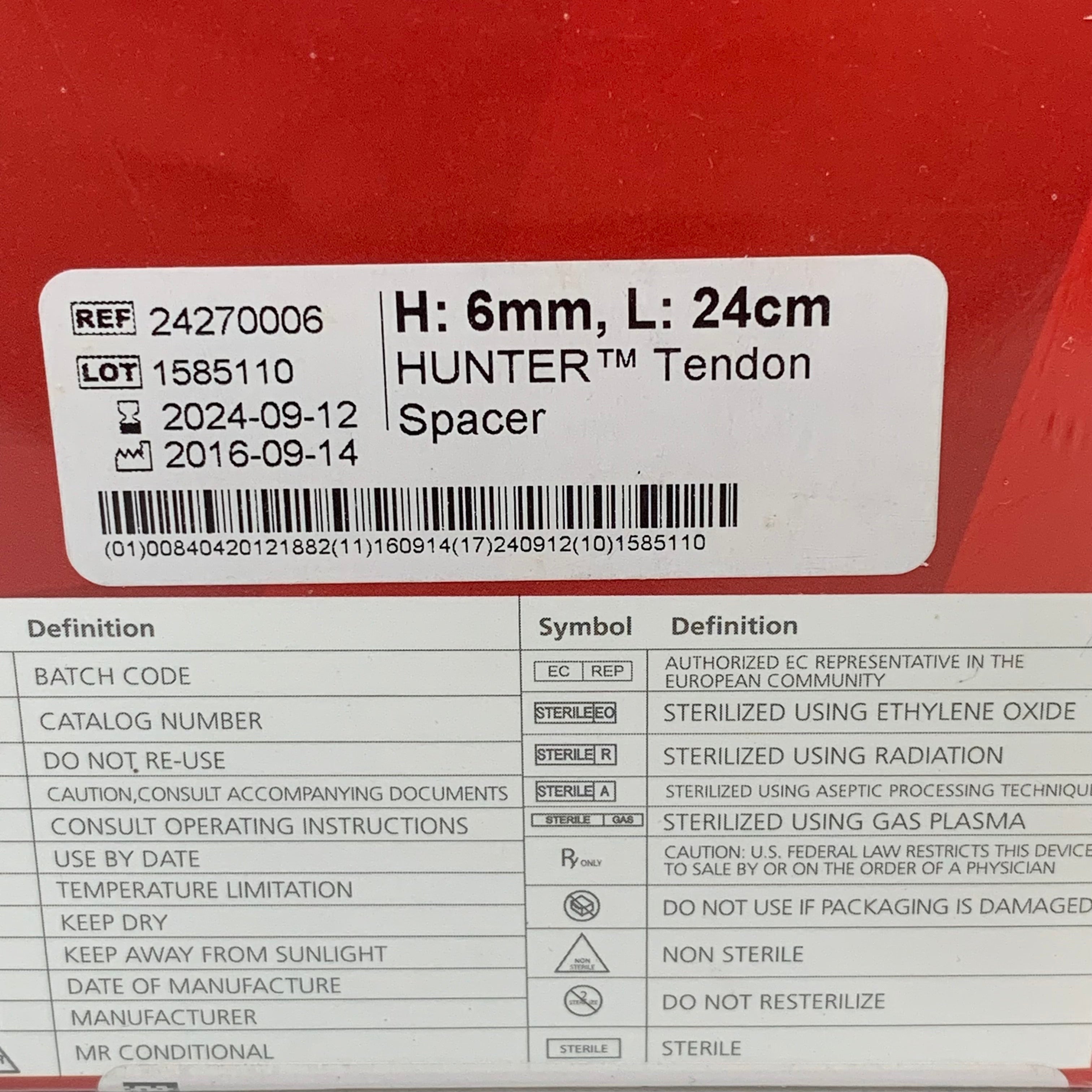 WRIGHT MEDICAL REF 24270006 Hunter Tendon Spacer H: 6mm L: 24cm, Exp.2024/09