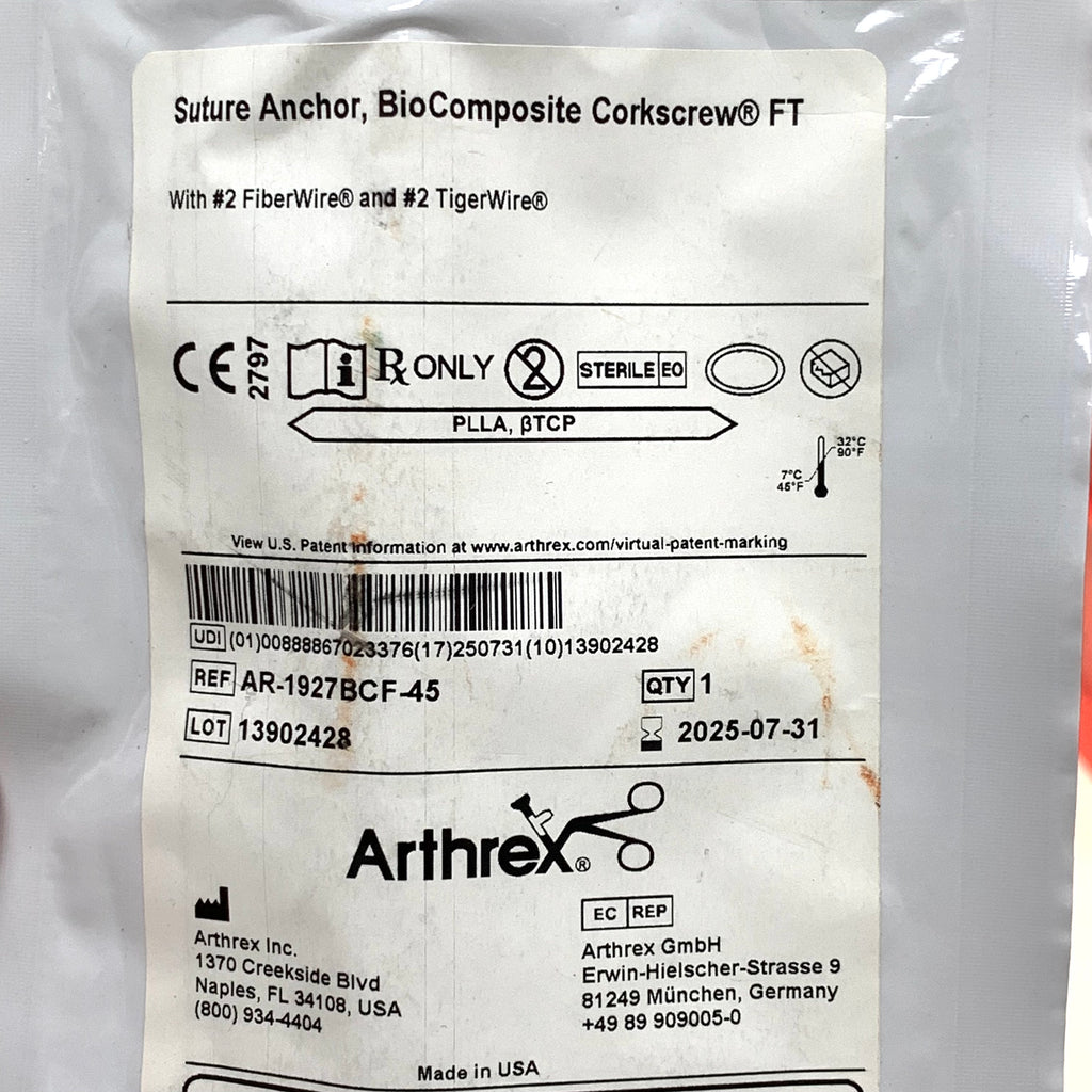 ARTHREX REF AR-1927BCF-45 BioComposite Corkscrew FT Suture Anchor 4.5 x 14mm, Exp.2025/07