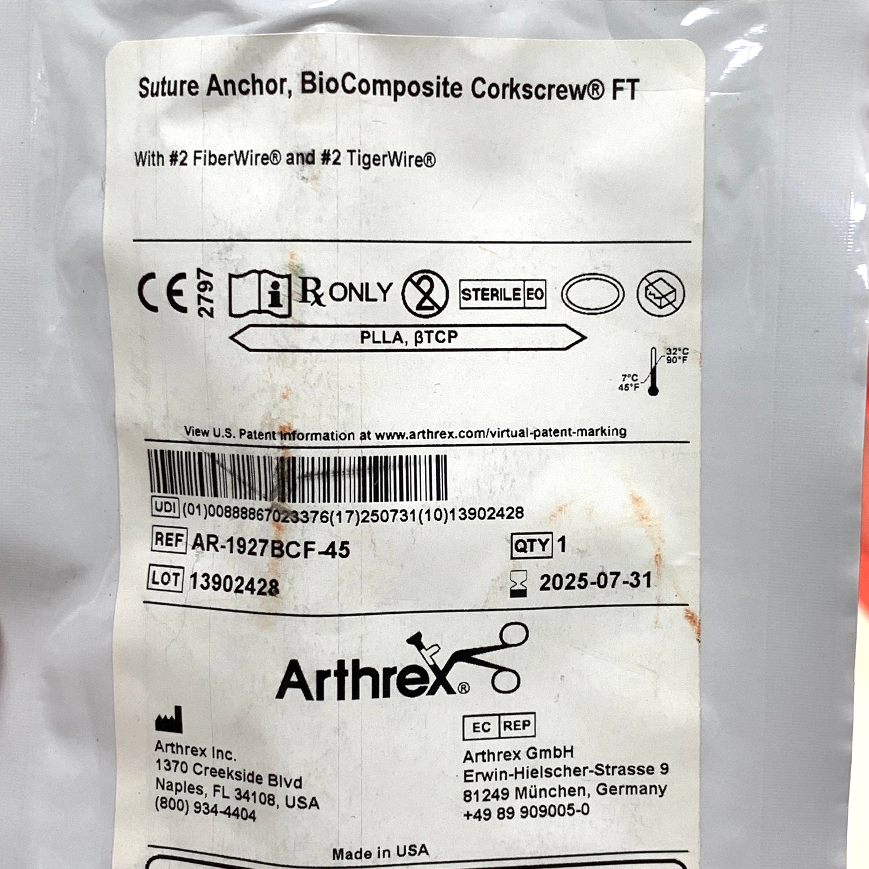 ARTHREX REF AR-1927BCF-45 BioComposite Corkscrew FT Suture Anchor 4.5 x 14mm, Exp.2025/07