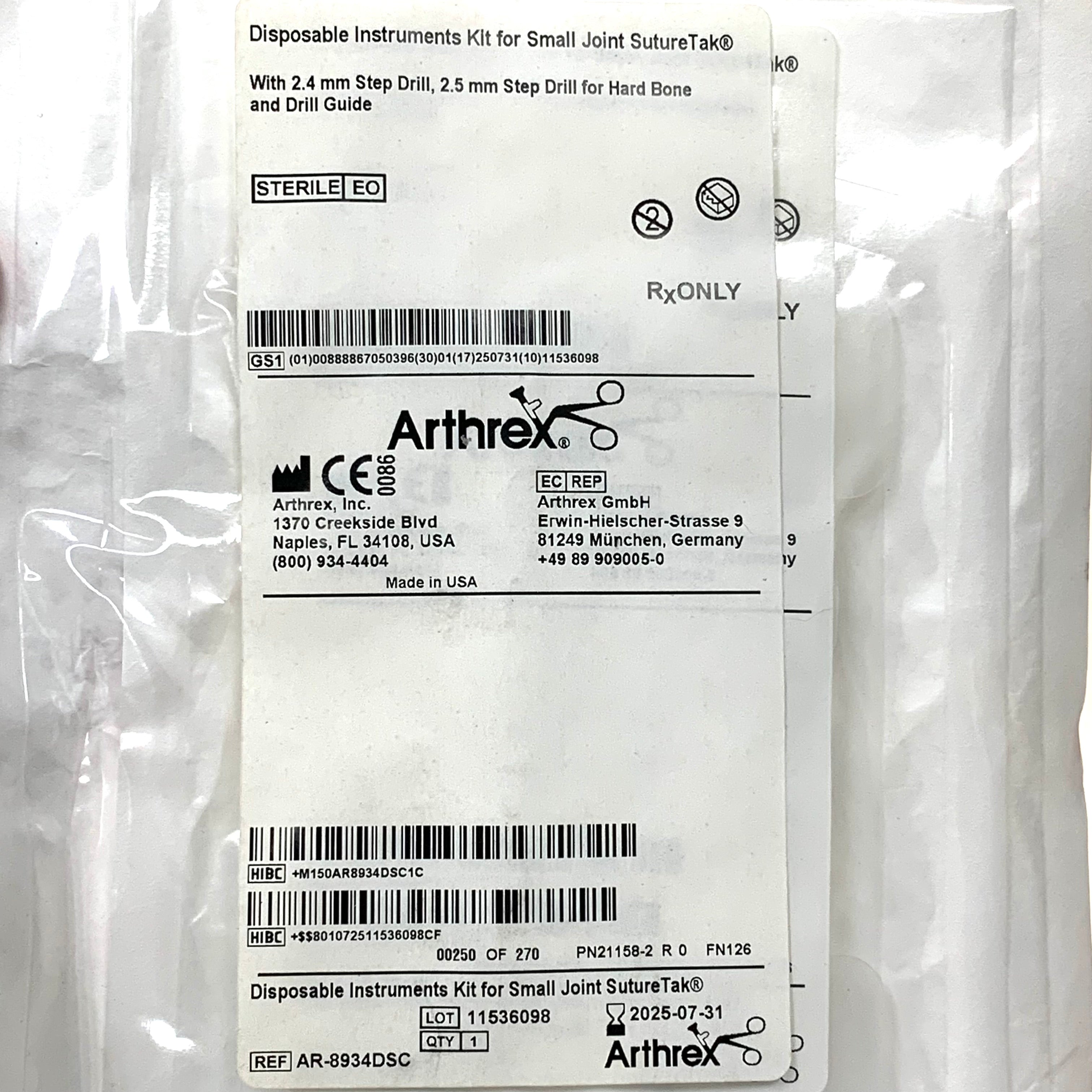ARTHREX REF AR-8934DSC Disposable Instruments Kit for Small Joint SutureTak, Exp.2025/07