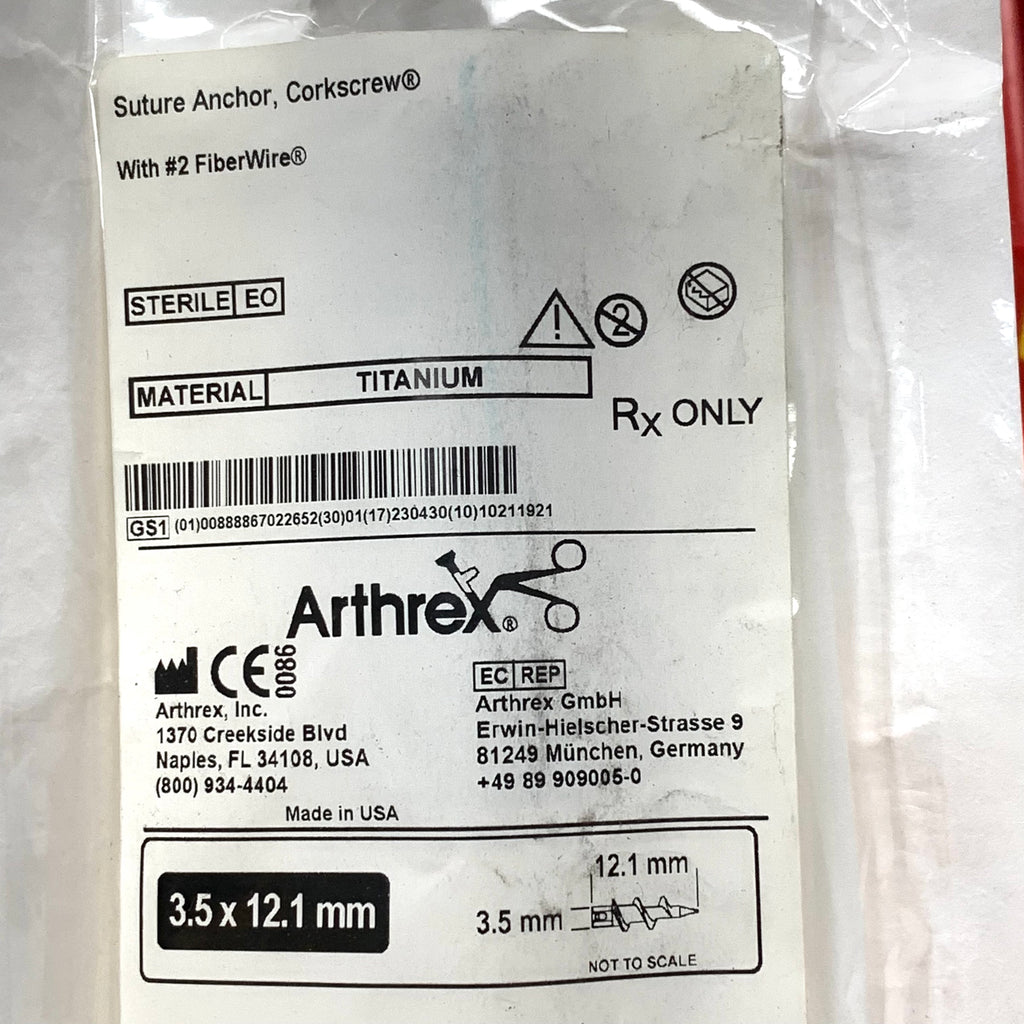ARTHREX REF AR-1915SF Suture Anchor Corkscrew 3.5 x 12.1mm Titanium with #2 FiberWire, Exp.2023/04