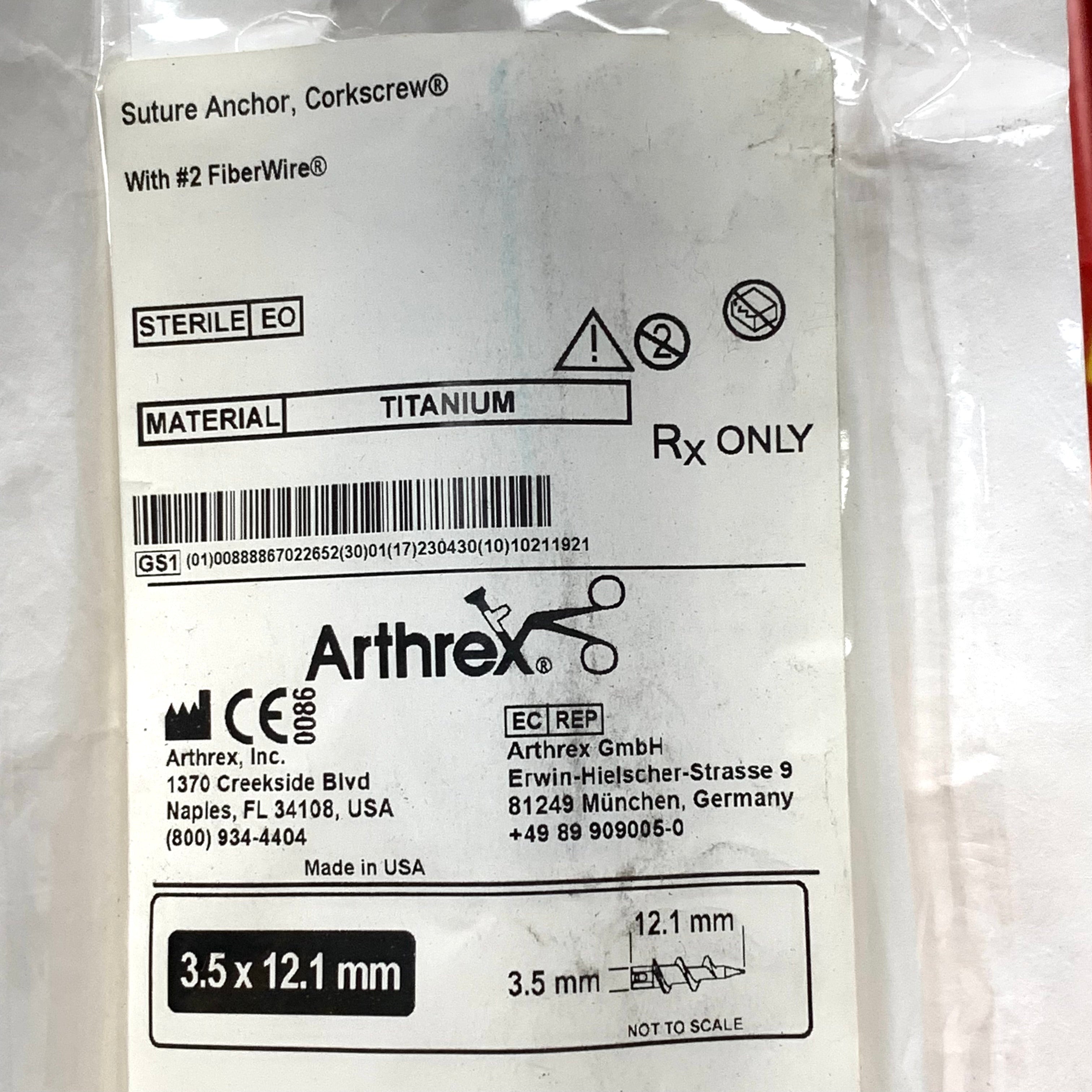 ARTHREX REF AR-1915SF Suture Anchor Corkscrew 3.5 x 12.1mm Titanium with #2 FiberWire, Exp.2023/04