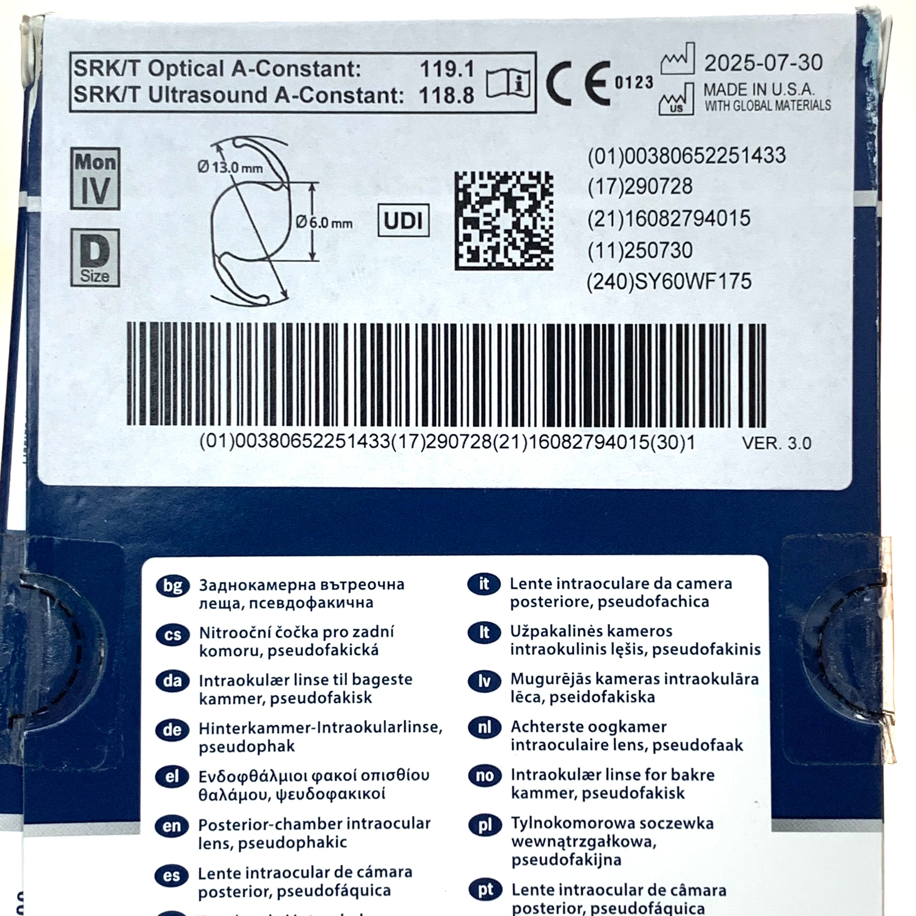 ALCON REF #SY60WF Clareon Aspheric Hydrophobic Acrylic IOL +17.5D, Exp.2029/07
