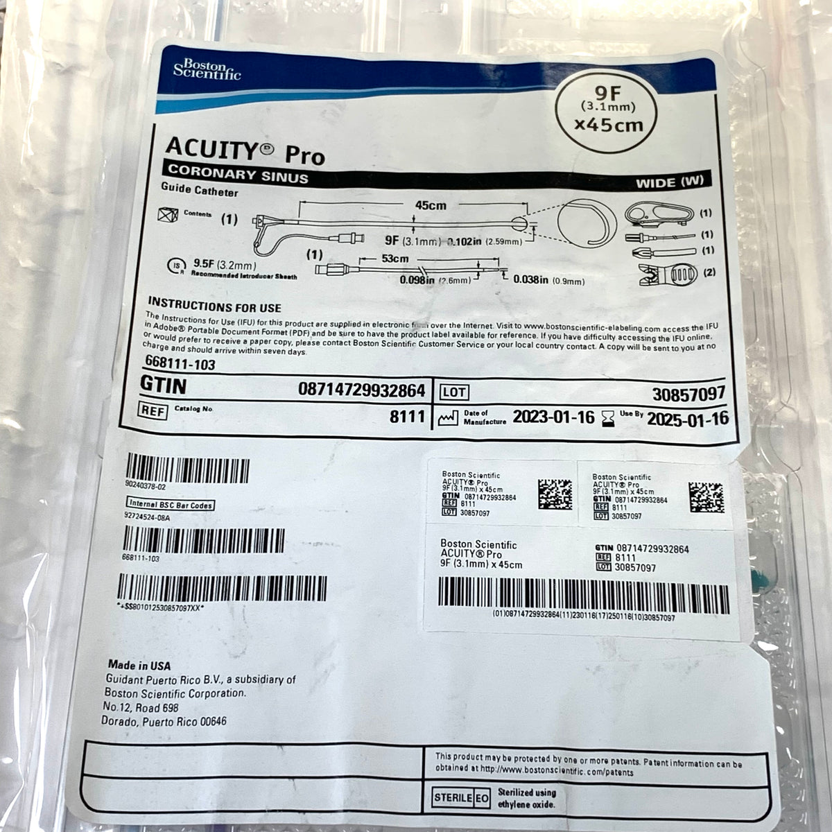 BOSTON SCIENTIFIC 8111 ACUITY Pro Coronary Sinus Guide Catheter 9F 3.1 mm x 45 cm Wide Exp 2025 01