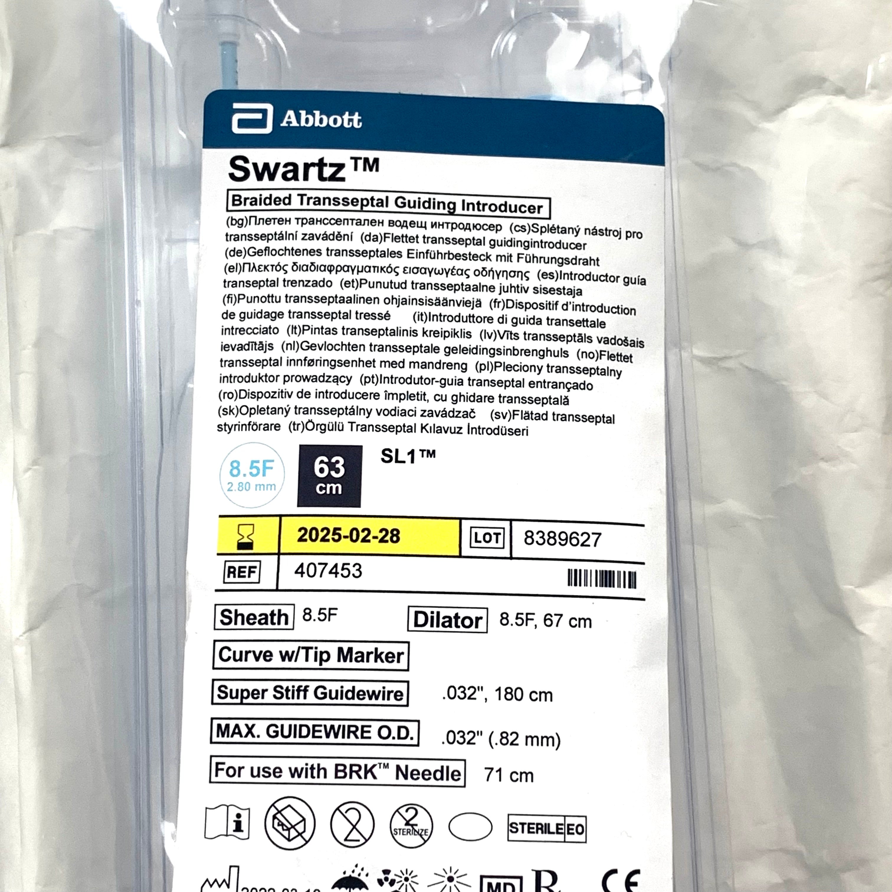 ABBOTT REF 407453 Swartz SL1 Braided Transseptal Guiding Introducer 8.5F 63cm, Exp.2025/02