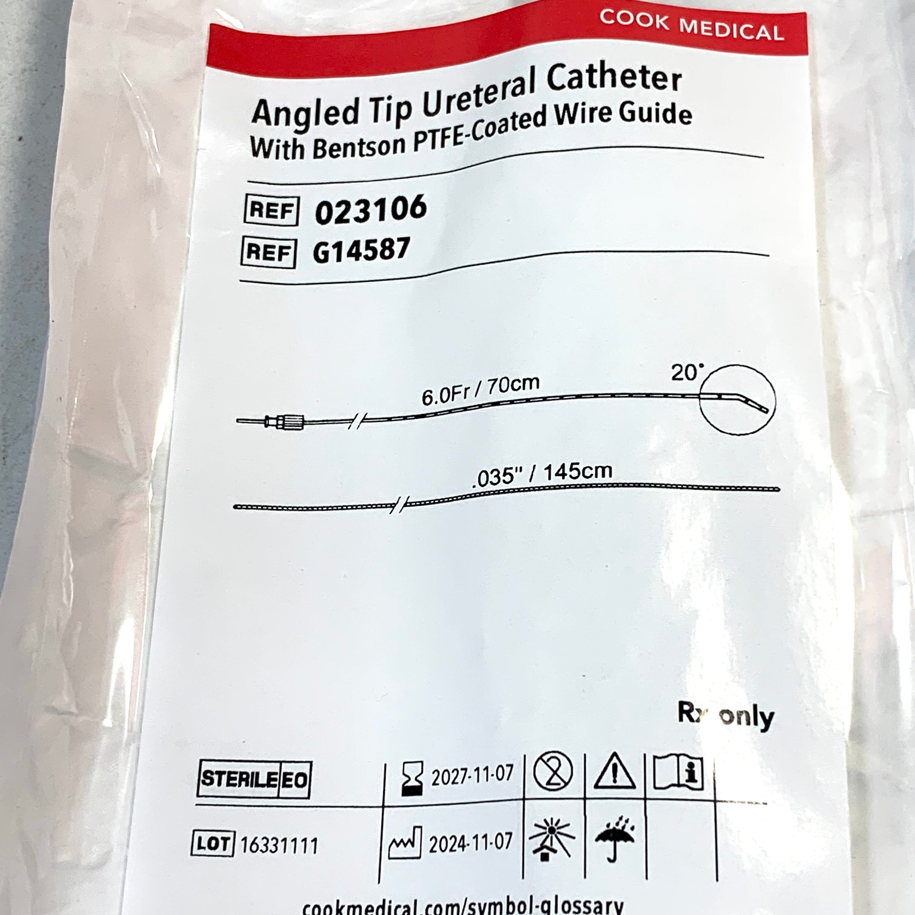 COOK MEDICAL REF 023106/ G14587 Angled Tip Ureteral Catheter With Bentson PTFE-Coated Wire Guide 6.0Fr/ 70cm .035"/ 145cm, Exp.2027/11