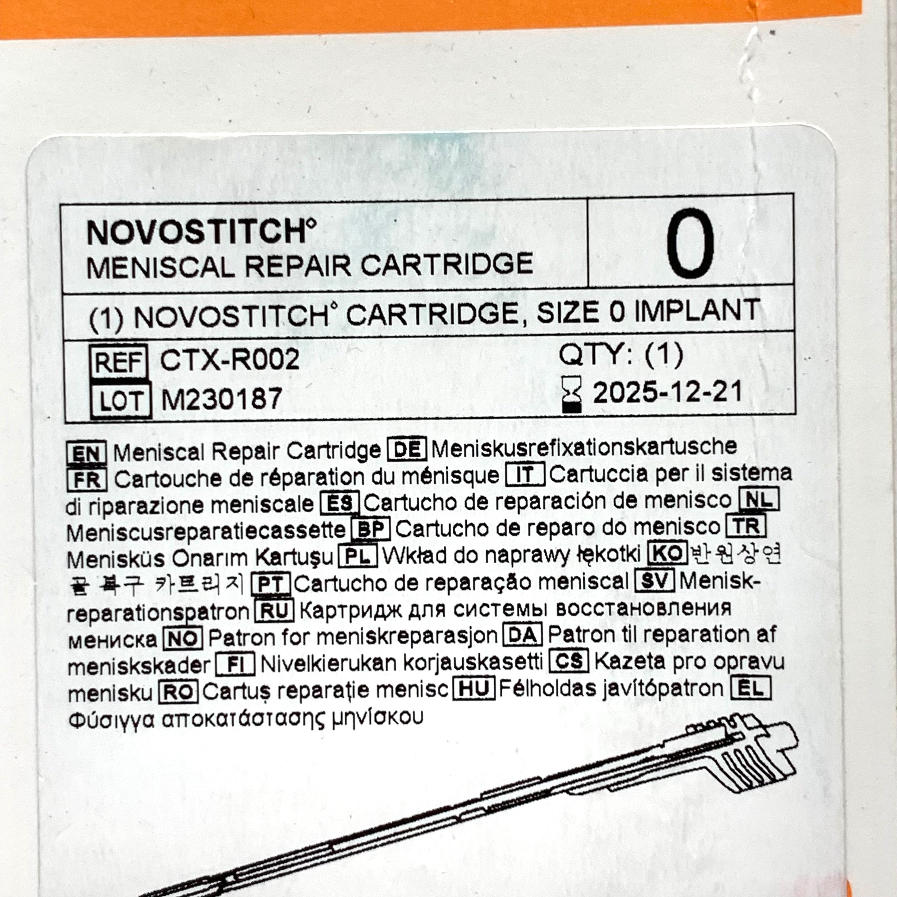 SMITH & NEPHEW REF CTX-R002 NovoStitch Meniscal Repair Cartridge Size 0 Implant, EXP.2025/12