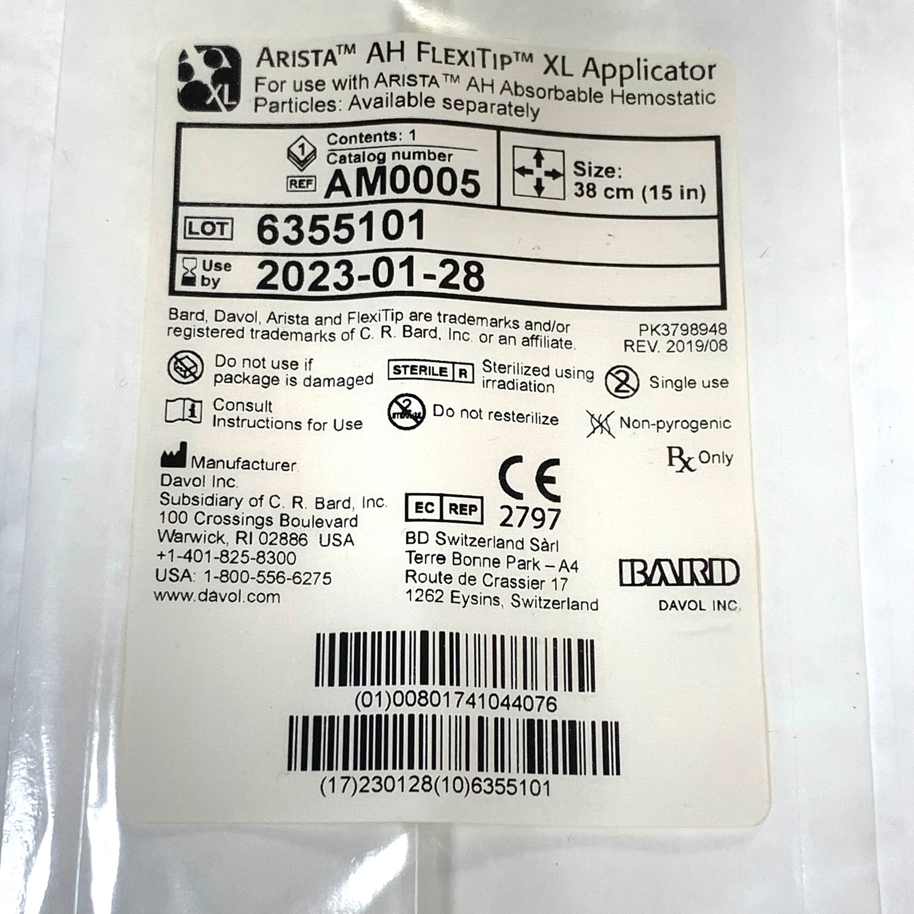BARD REF AM0005 Arista AH FlexiTip XL Applicator 38 cm (15 in)(DAVOL INC.), EXP 2023/01