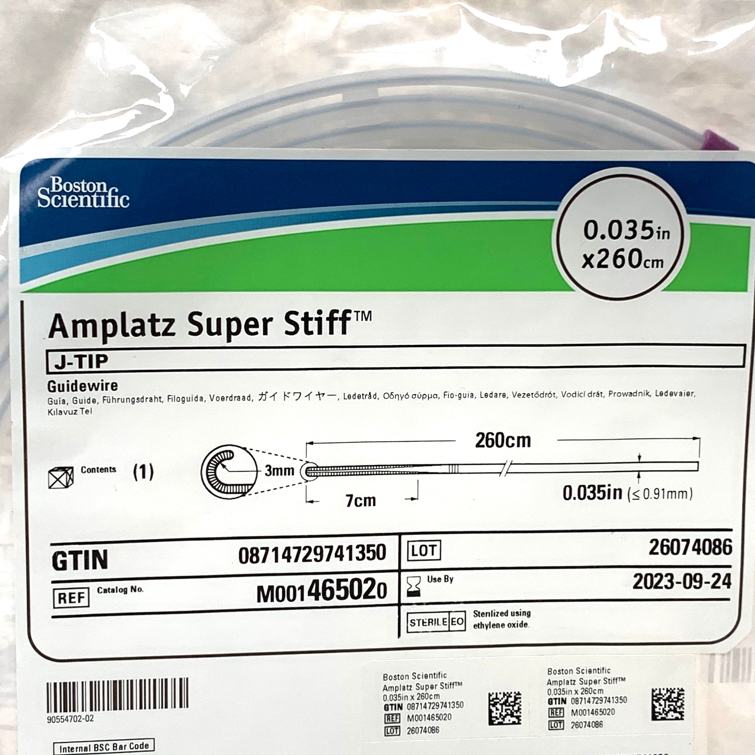 BOSTON SCIENTIFIC REF M001465020 Amplatz Super Stiff J-Tip Guidewire 0.035in x 260cm, Exp.2023/09