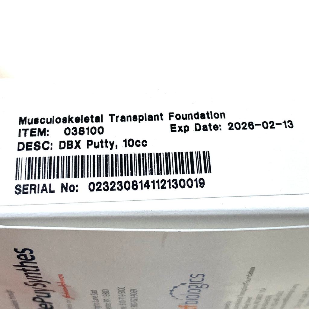 DEPUY SYNTHES REF 038100 DBX Putty Demineralized Bone Matrix 10cc MTF Biologics, Exp. 2026-02