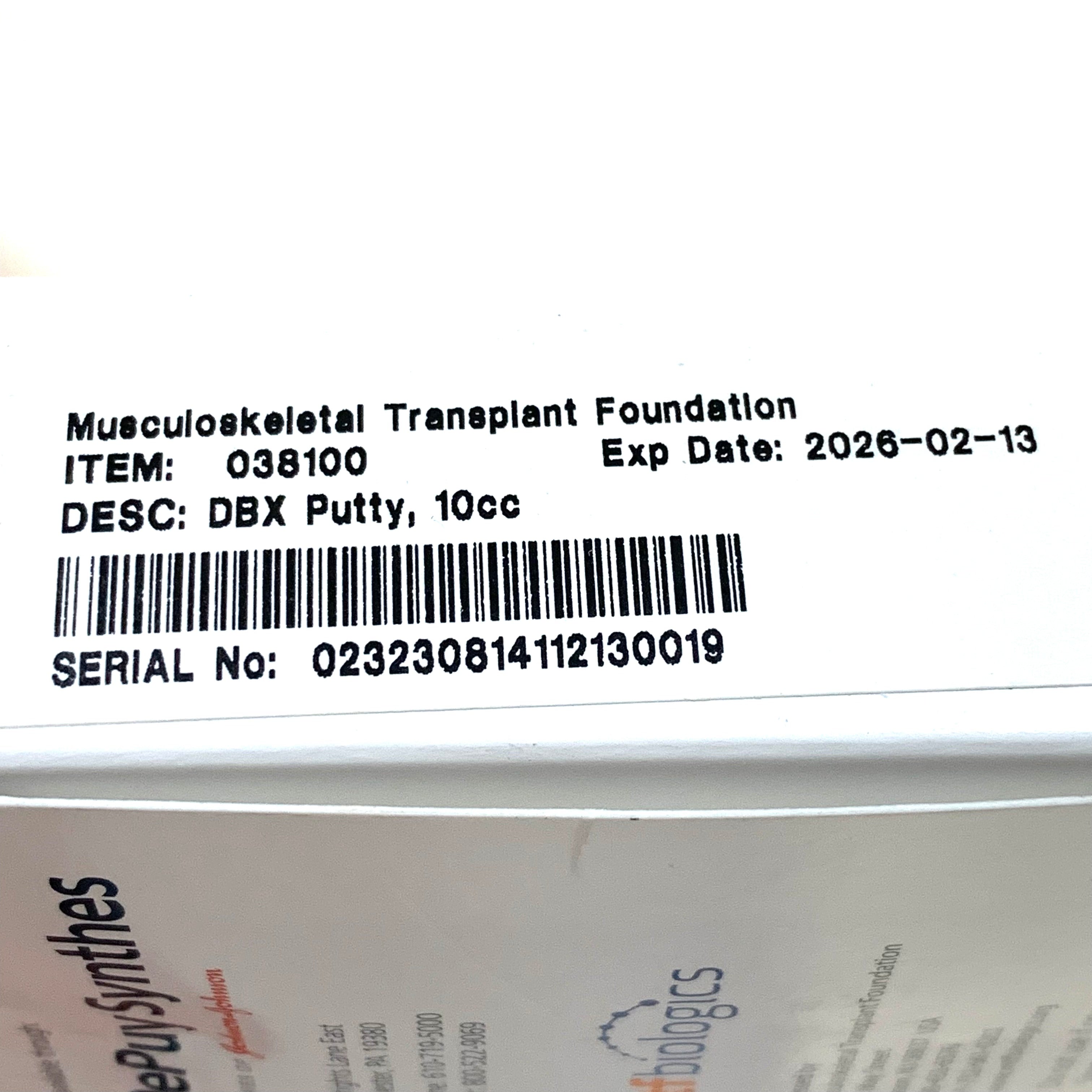 DEPUY SYNTHES REF 038100 DBX Putty Demineralized Bone Matrix 10cc MTF Biologics, Exp. 2026-02