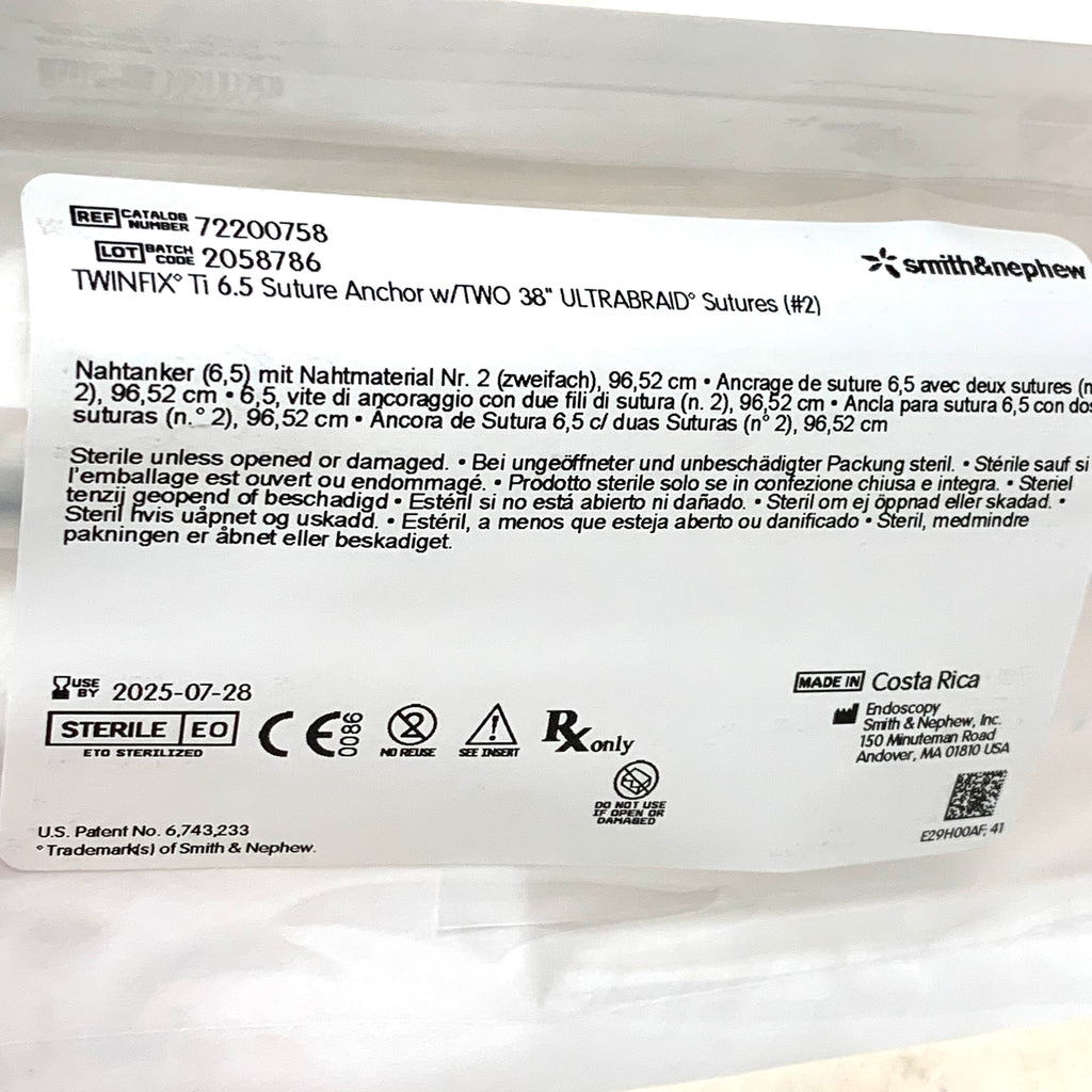 SMITH & NEPHEW REF 72200758 TWINFIX Ti 6.5 Suture Anchor w/ TWO 38" ULTRABRAID Sutures (#2), Exp.2025/07