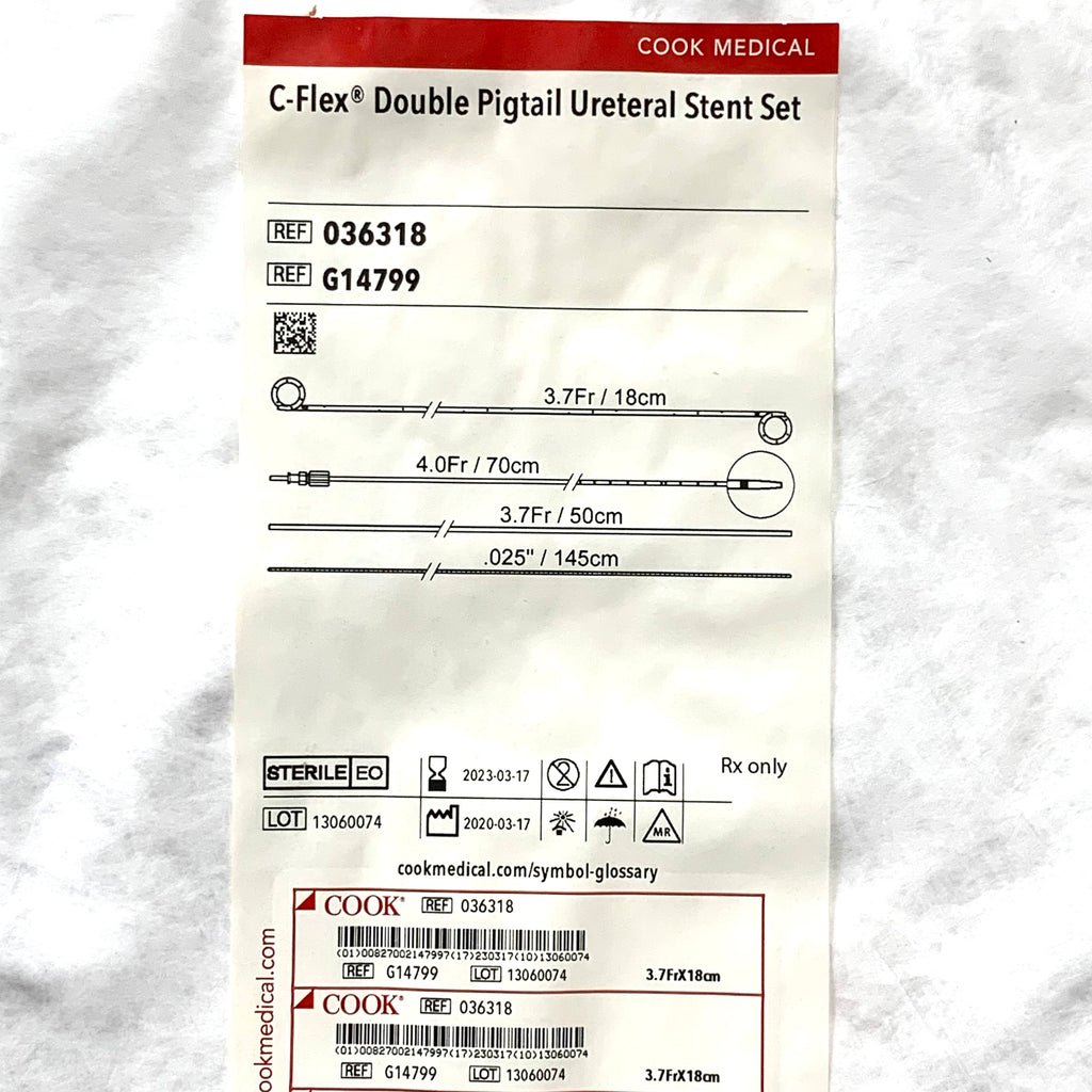 COOK MEDICAL REF 036318/ G14799 C-Flex Double Pigtail Ureteral Stent Set 3.7Fr 18cm, Exp.2023/03
