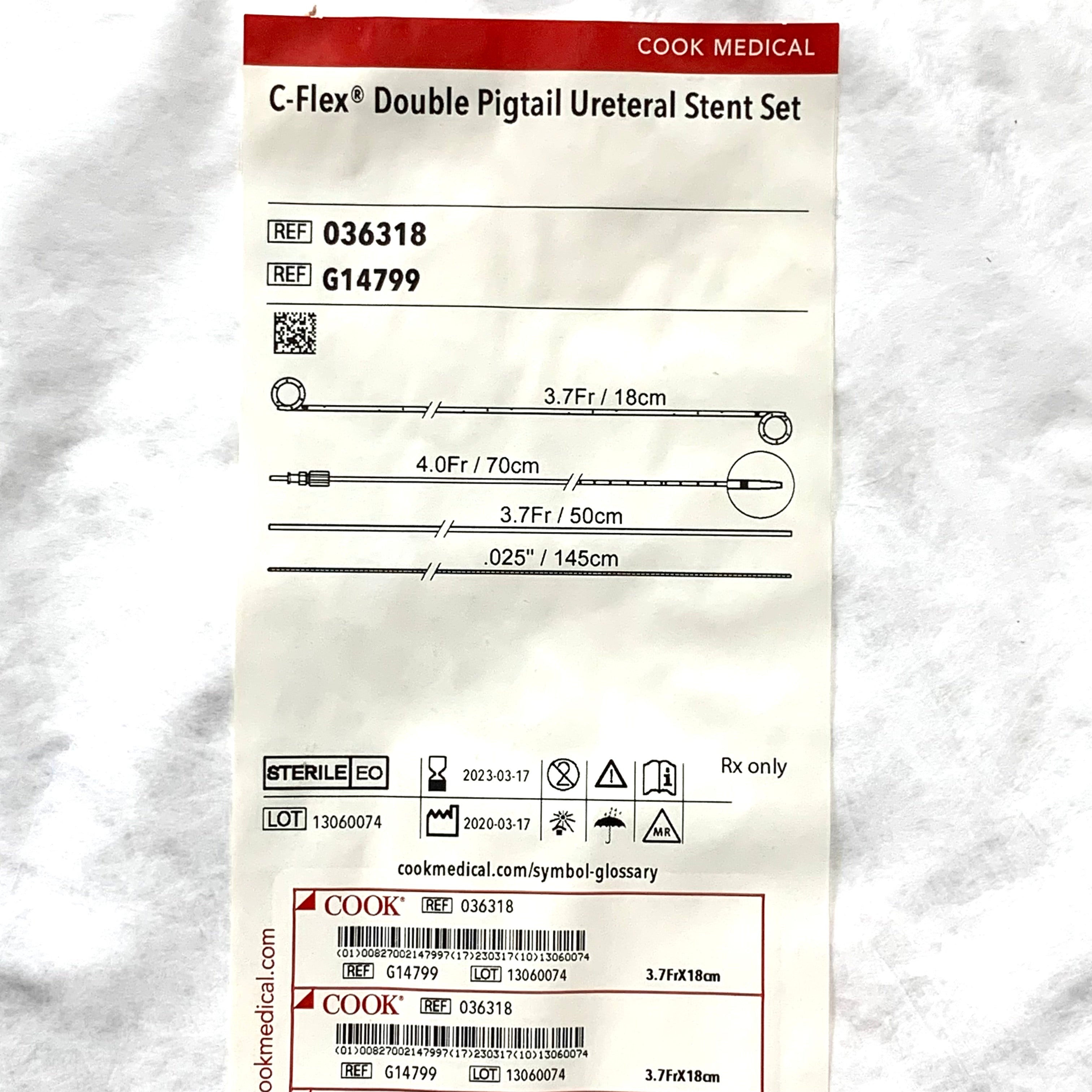 COOK MEDICAL REF 036318/ G14799 C-Flex Double Pigtail Ureteral Stent Set 3.7Fr 18cm, Exp.2023/03
