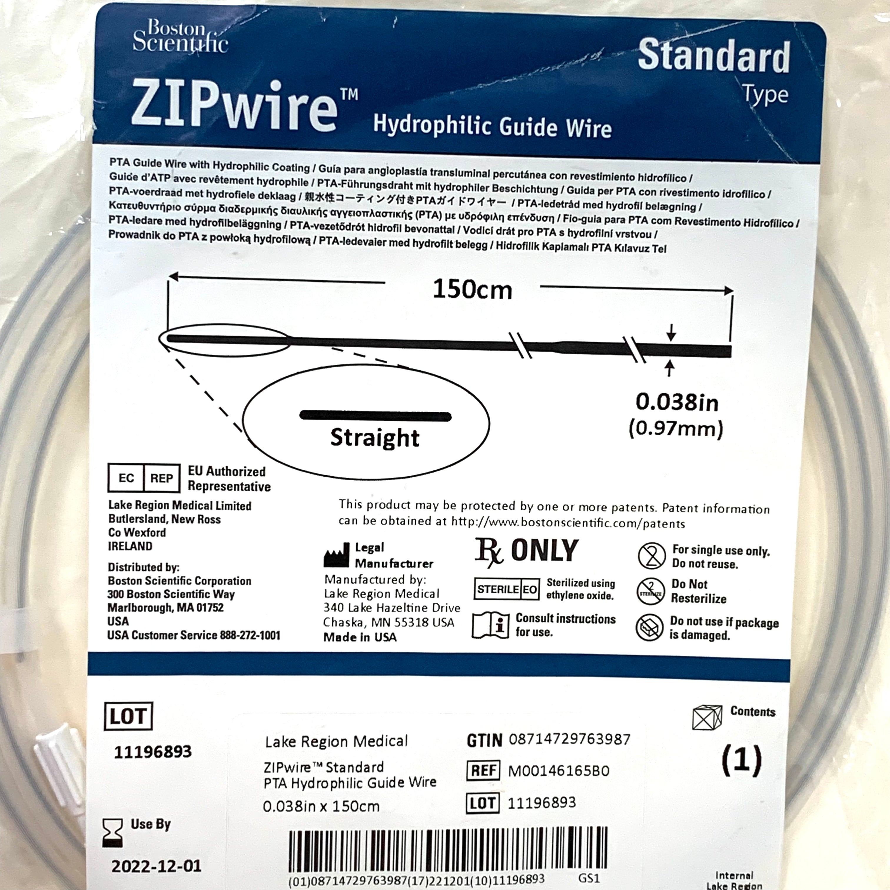 BOSTON SCIENTIFIC REF M00146165B0 ZIPwire Hydrophilic Guide Wire Standard Type Straight 0.038in x 150cm, Exp.2022/12