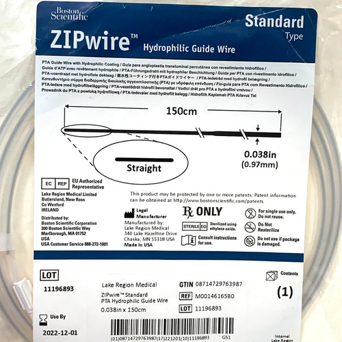 BOSTON SCIENTIFIC REF M00146165B0 ZIPwire Hydrophilic Guide Wire Standard Type Straight 0.038in x 150cm, Exp.2022/12