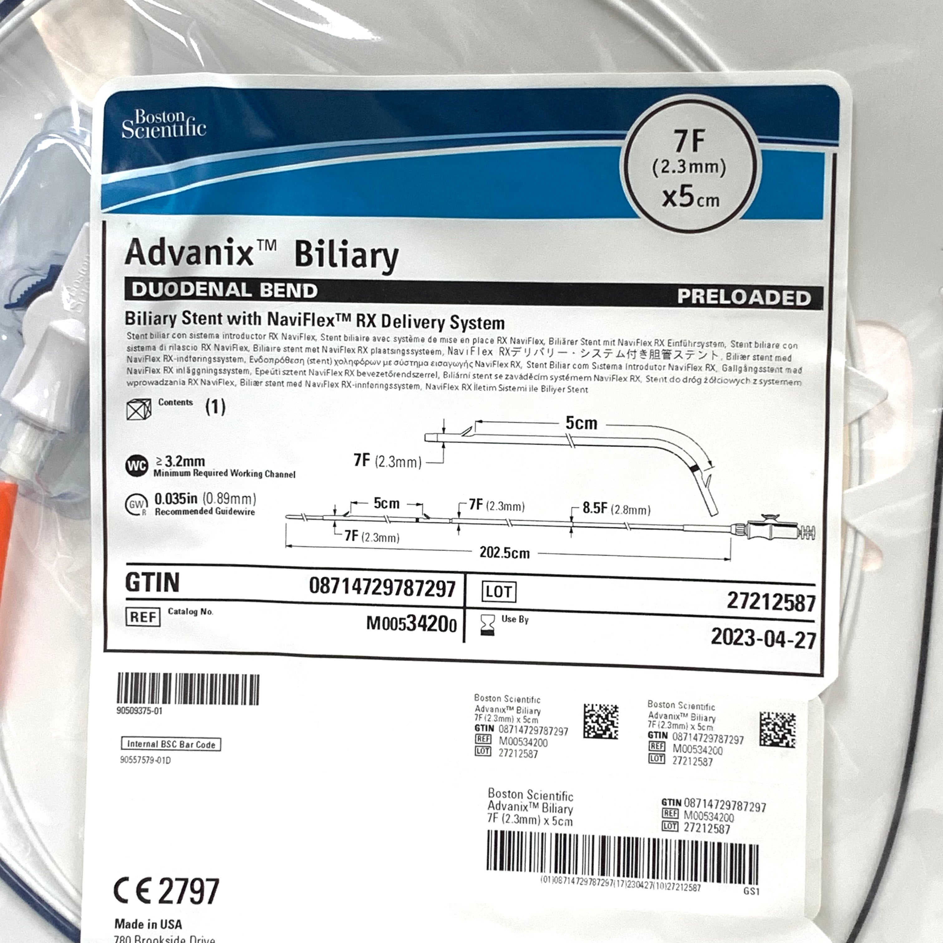 BOSTON SCIENTIFIC REF M00534200 Advanix Biliary Duodenal Bend Stent with NaviFlex RX Delivery System 7F x 5cm Exp.2023/04