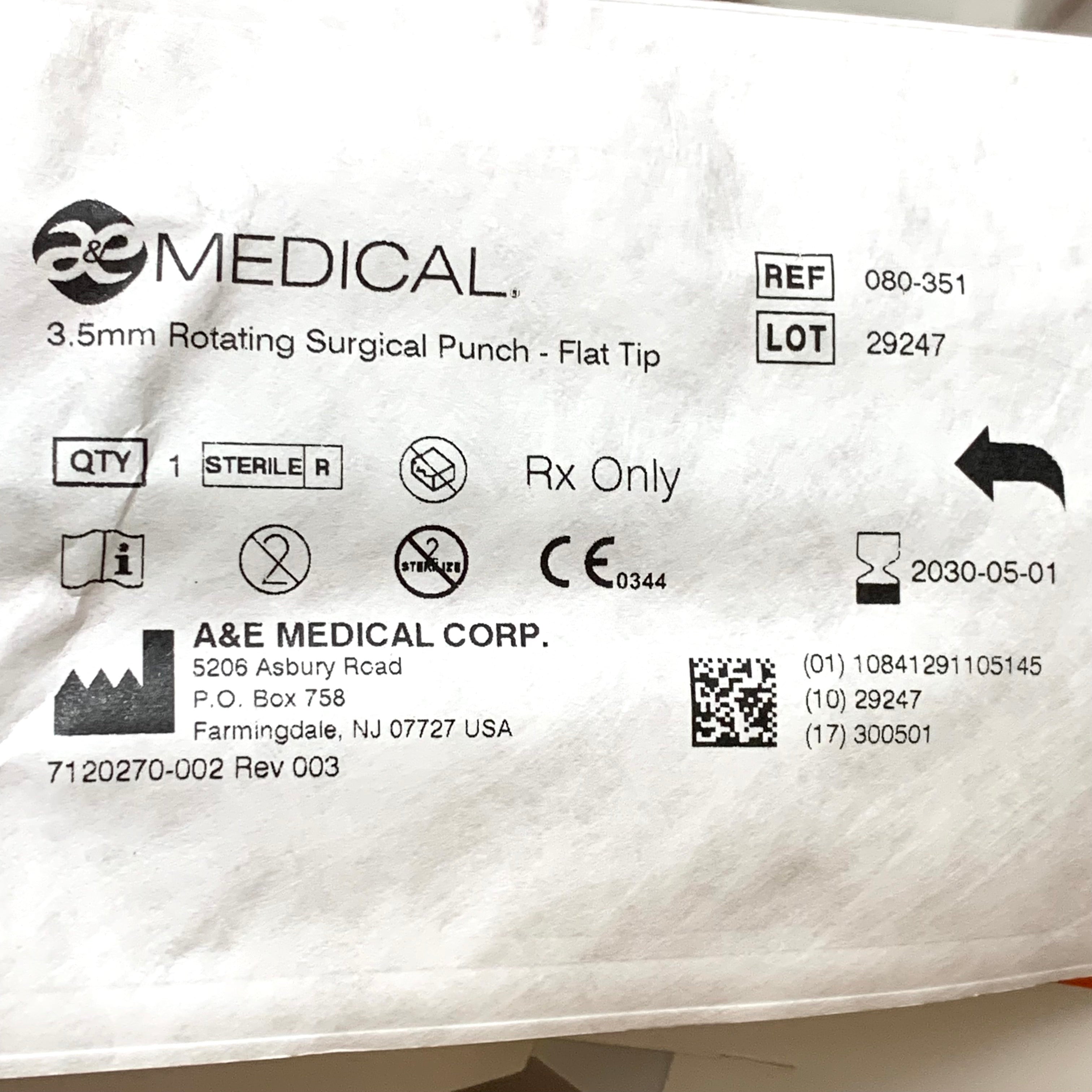 A&E MEDICAL REF 080-351 3.5mm Rotating Surgical Punch - Flat Tip Exp.2030/05