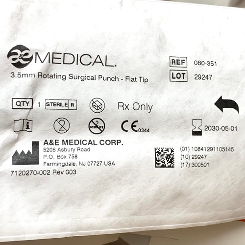 A&E MEDICAL REF 080-351 3.5mm Rotating Surgical Punch - Flat Tip Exp.2030/05